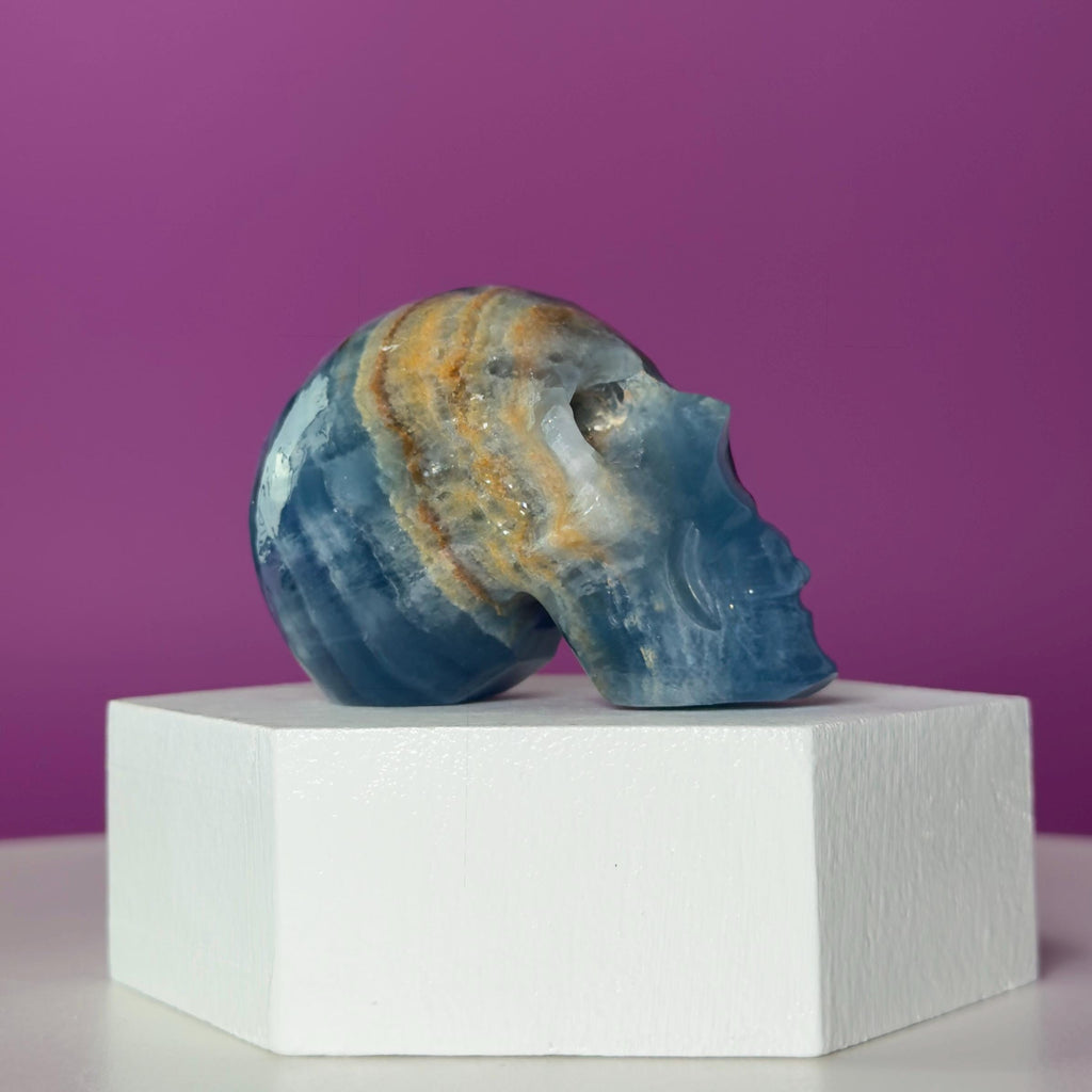 Blue Onyx Skull Carving | Banded Blue Crystal Skull Display Piece