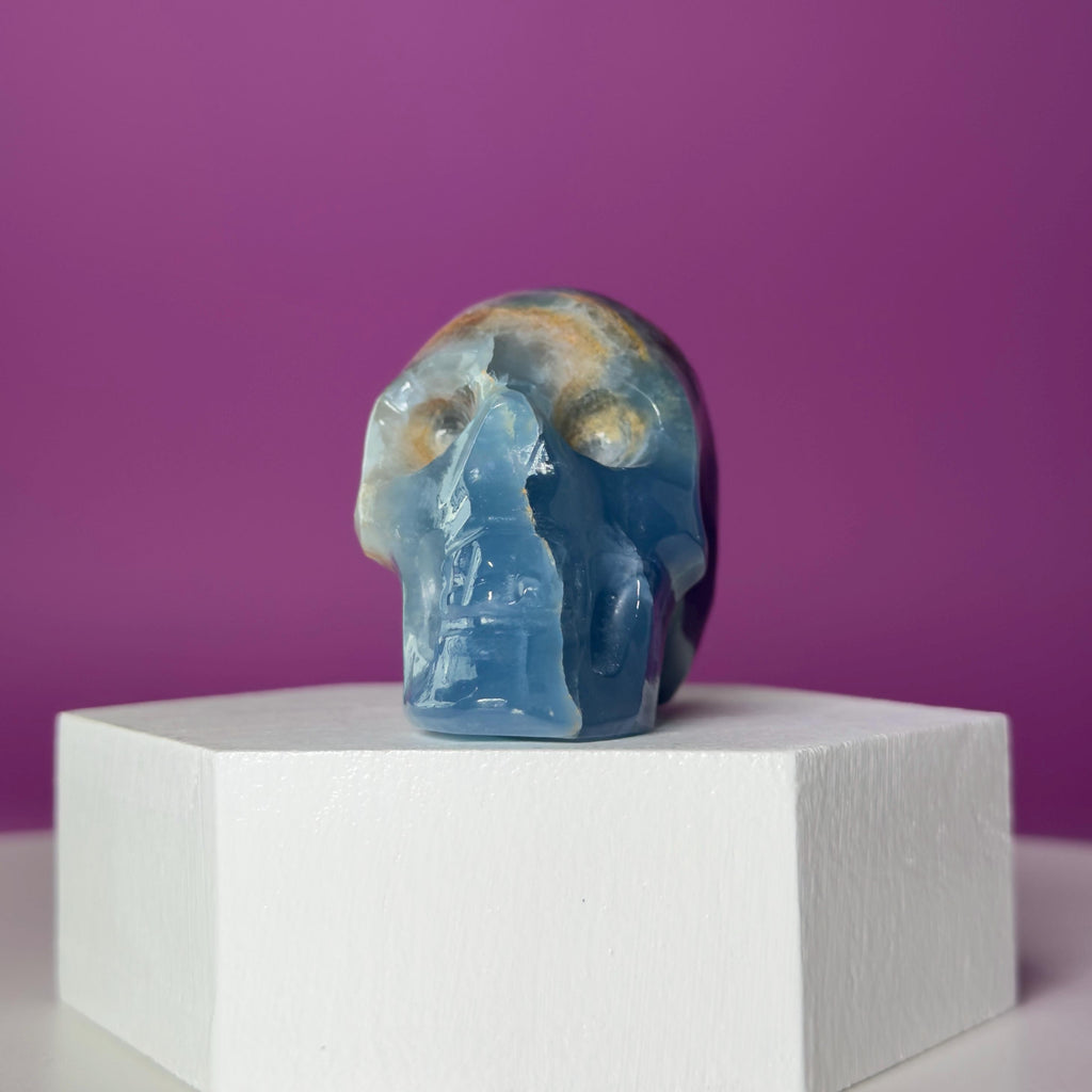Blue Onyx Skull Carving | Banded Blue Crystal Skull Display Piece
