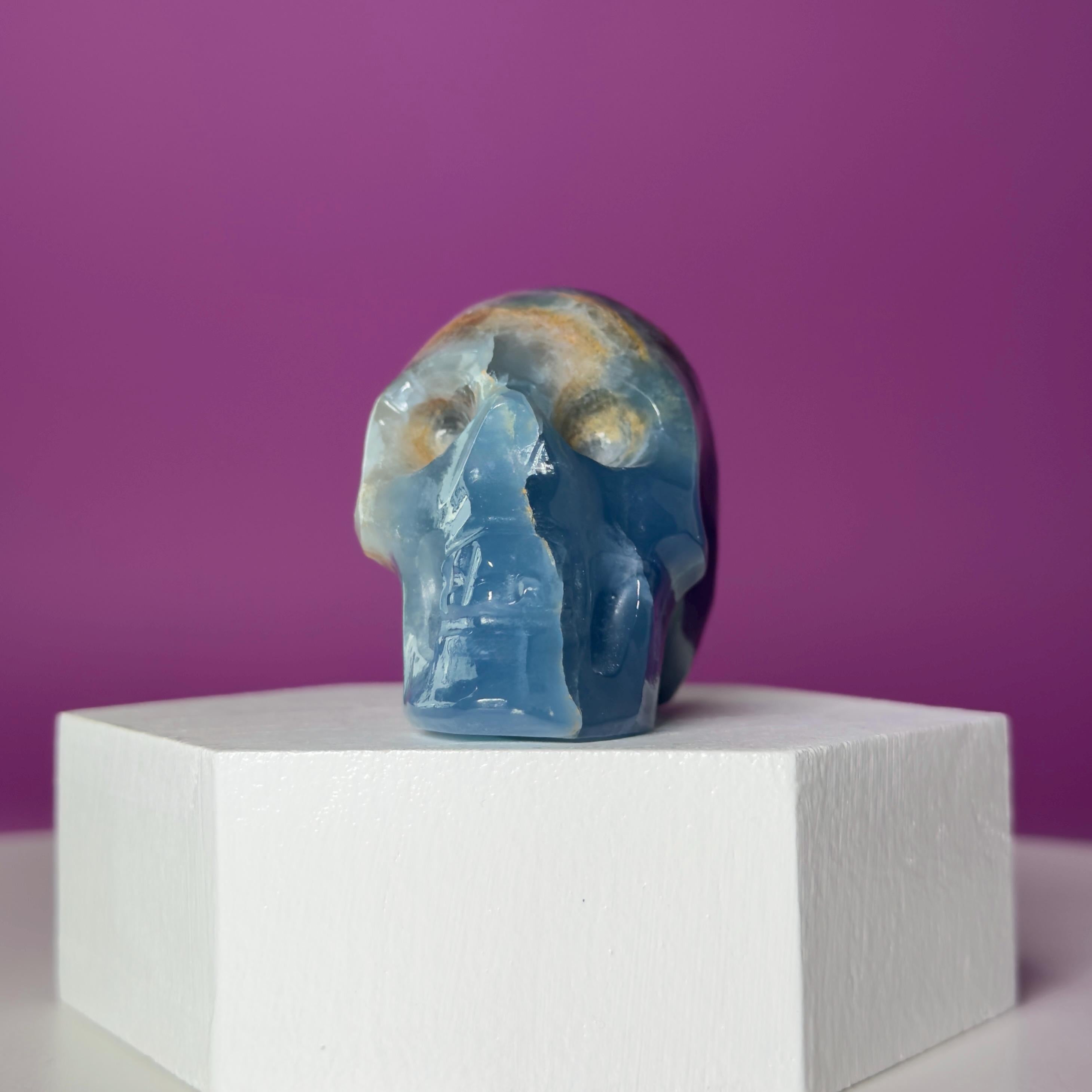 Blue Onyx Skull Carving | Banded Blue Crystal Skull Display Piece