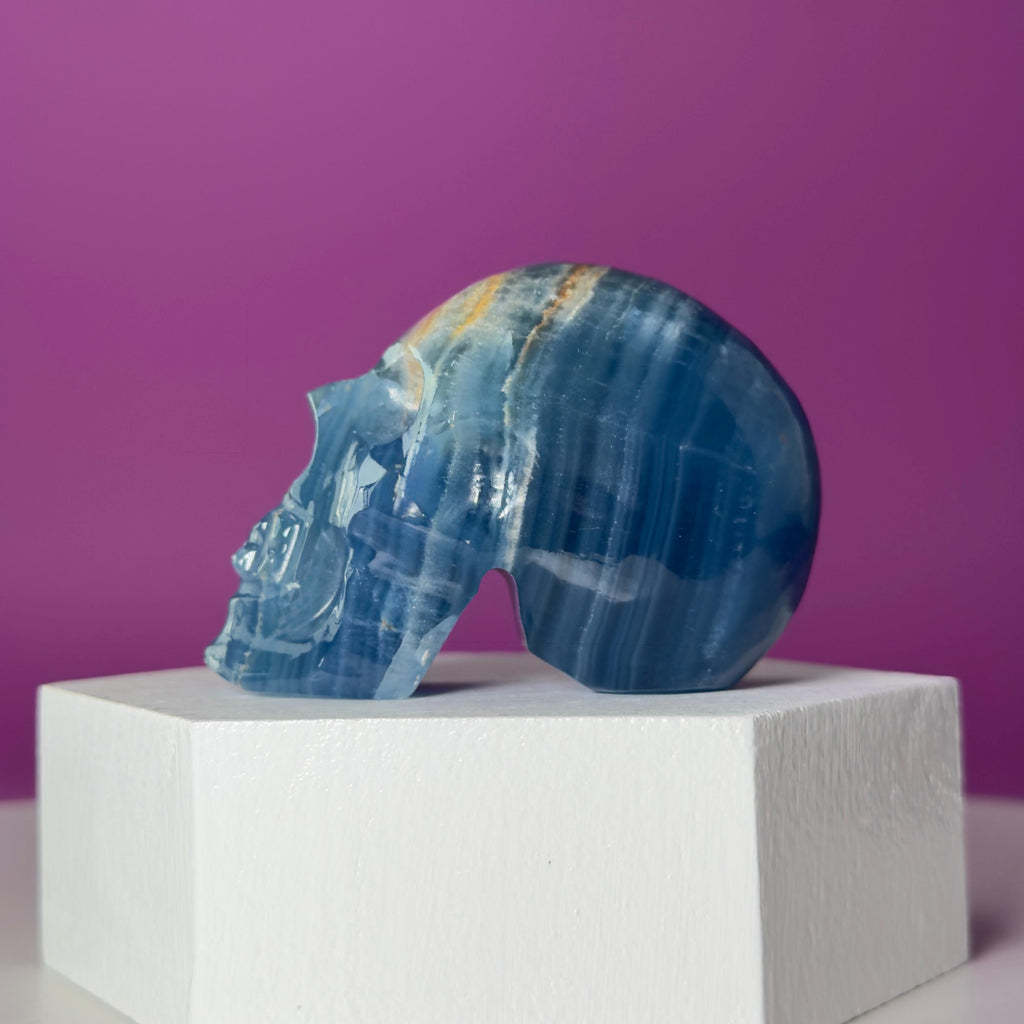 Blue Onyx Skull Carving | Banded Blue Crystal Skull Display Piece