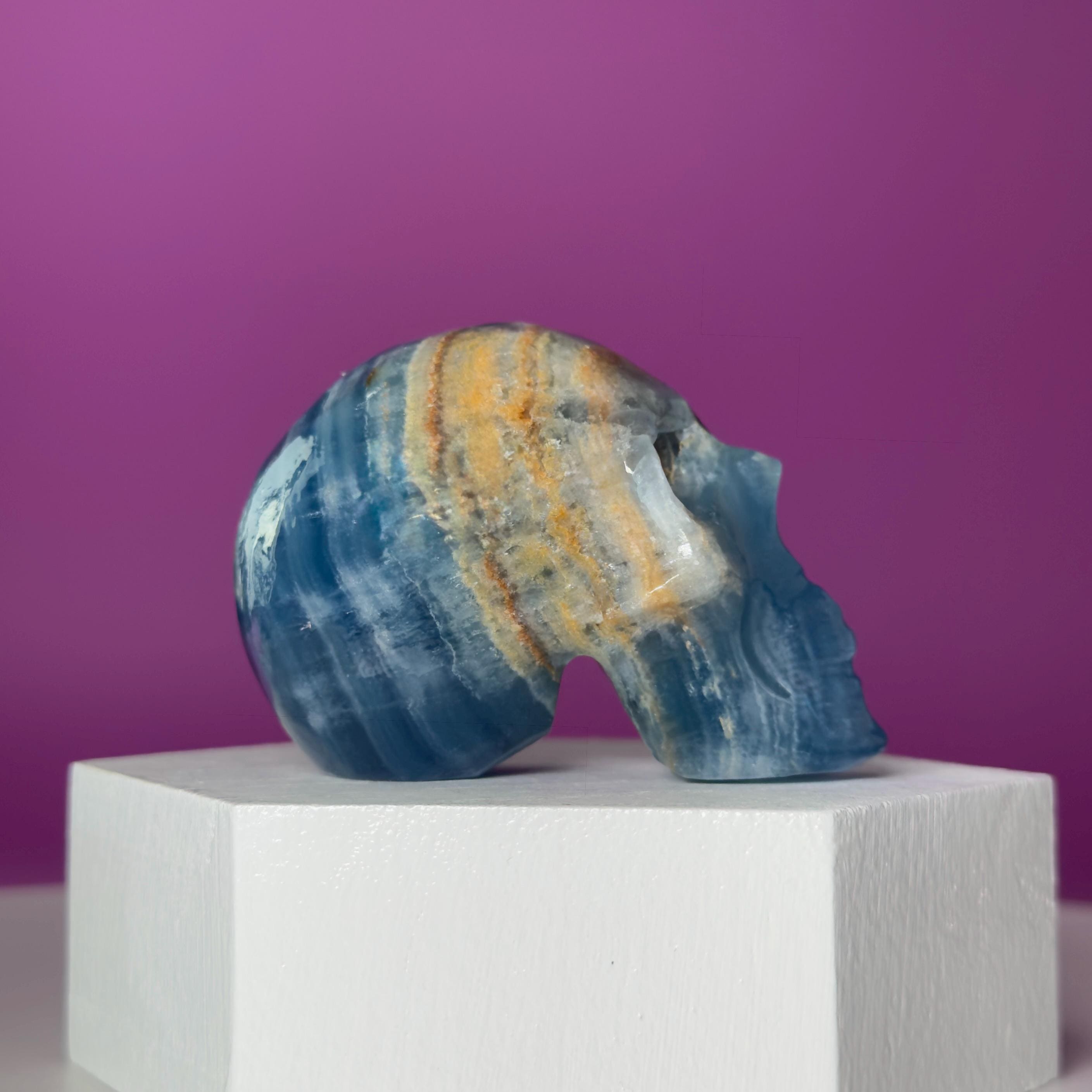 Blue Onyx Skull Carving | Banded Blue Crystal Skull Display Piece