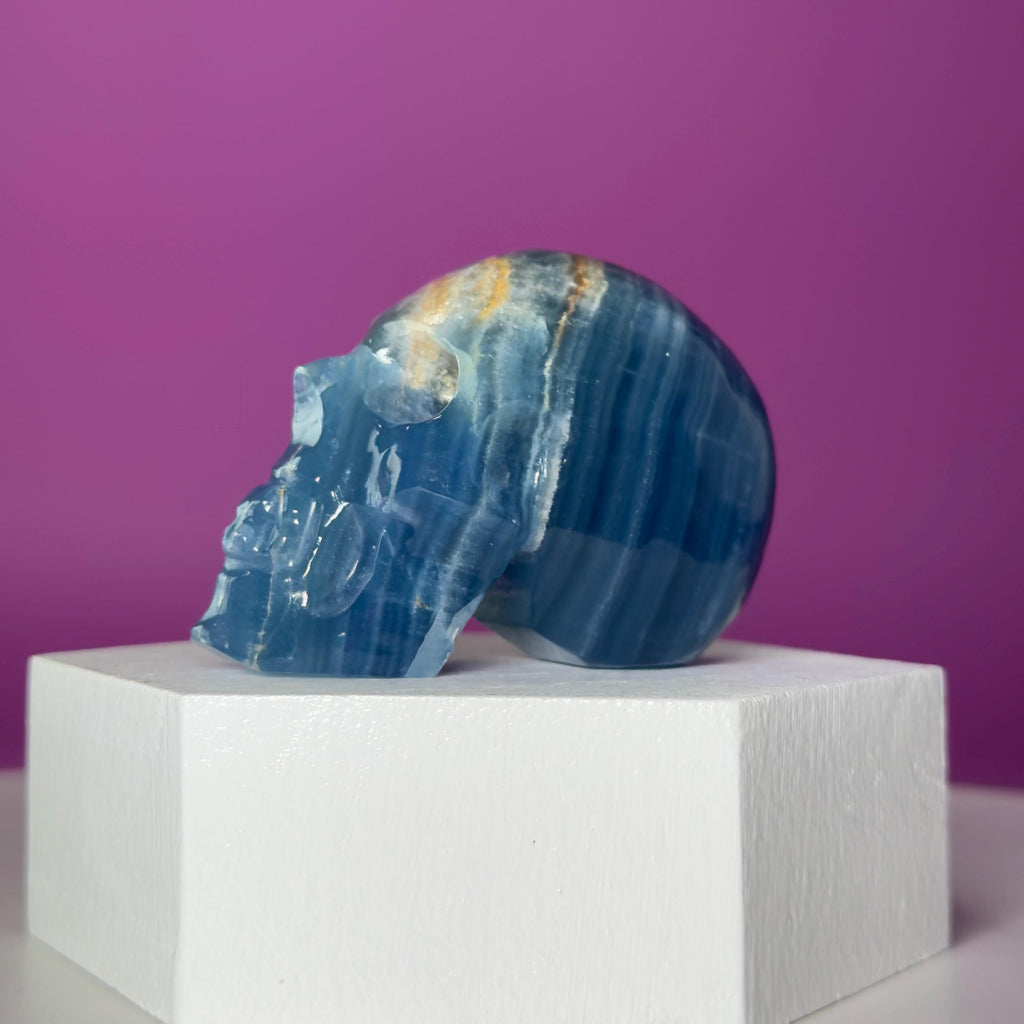 Blue Onyx Skull Carving | Banded Blue Crystal Skull Display Piece