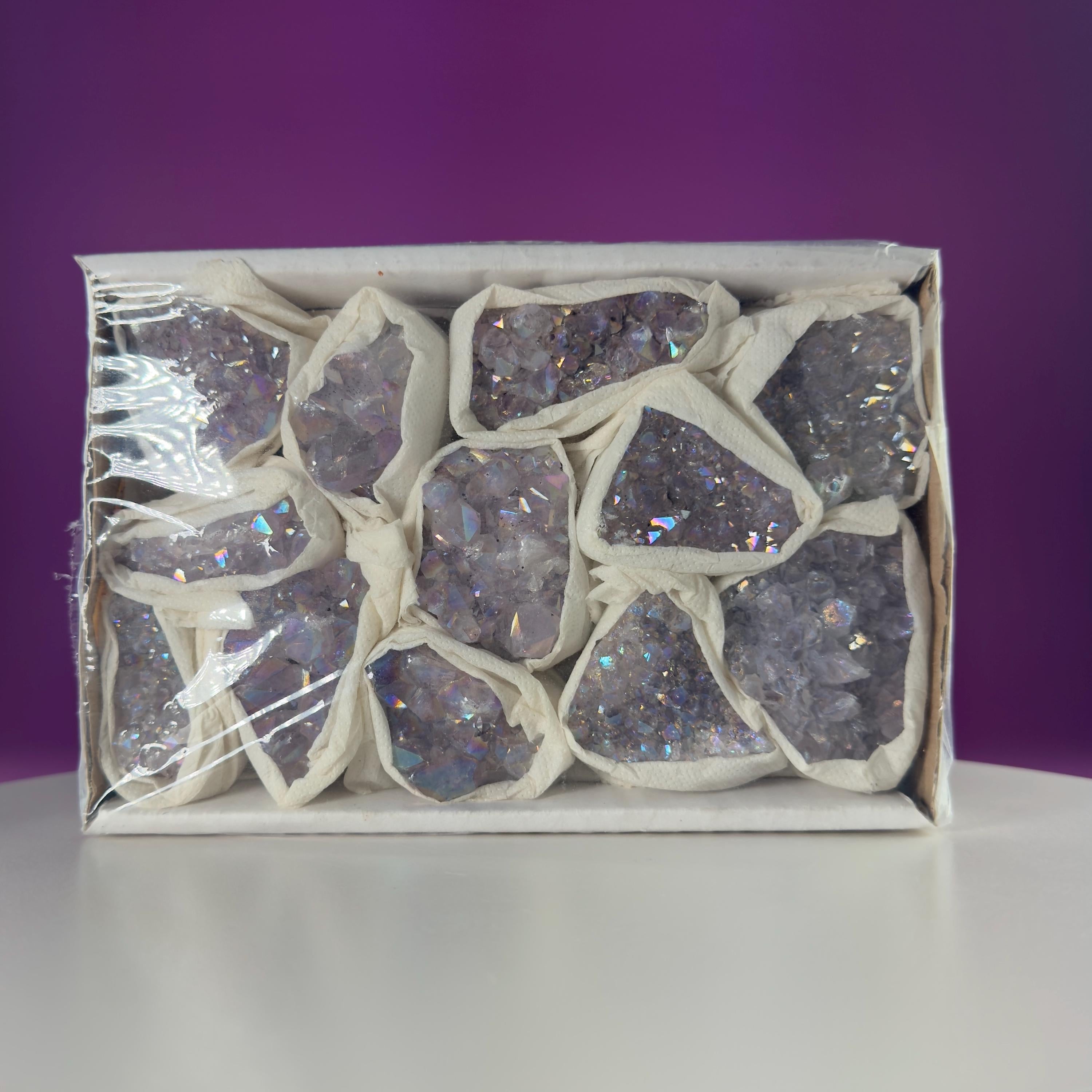 Wholesale Aura Quartz Cluster Box Set Crystal Gift Lot, 12 Pc