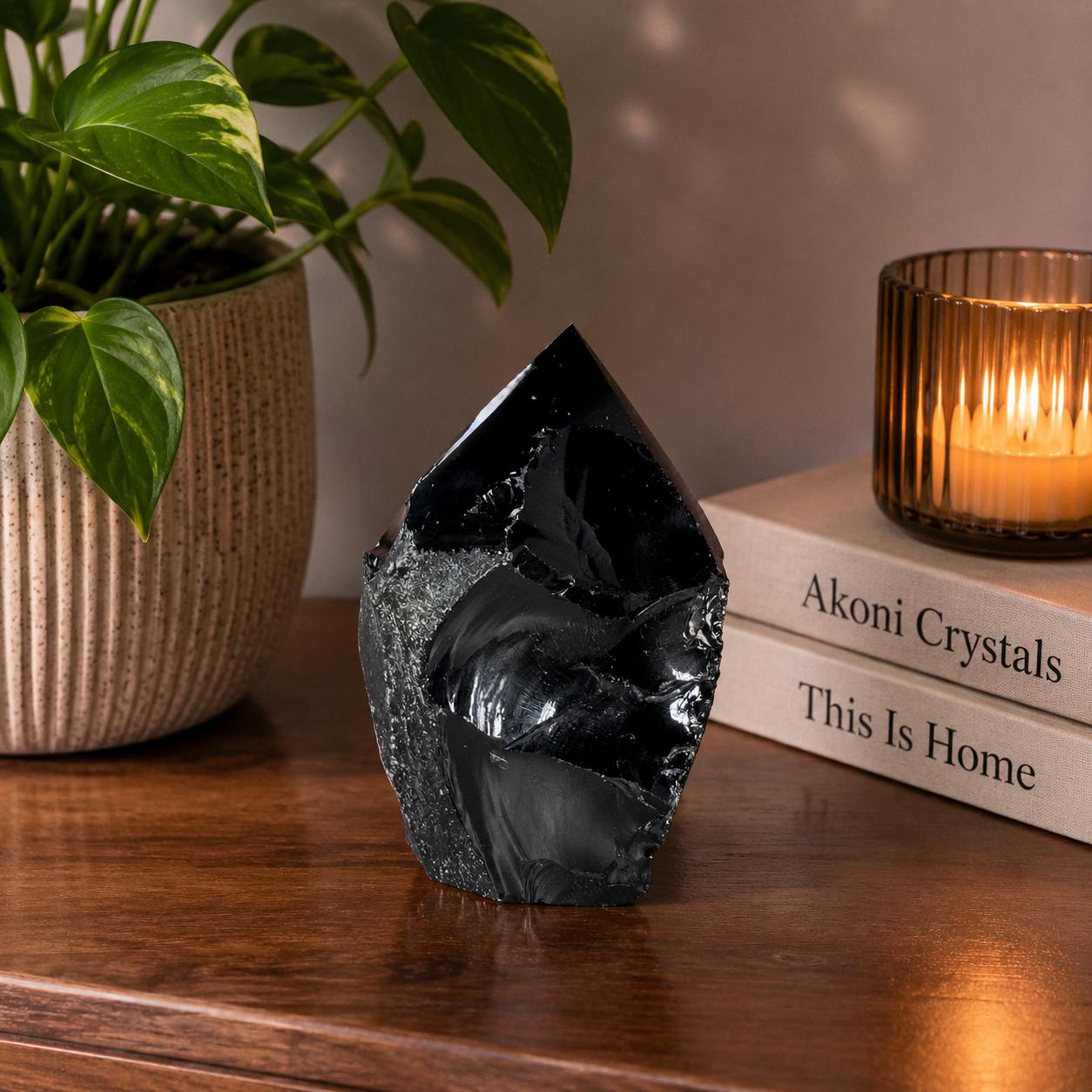 Black Obsidian Top Polished Point | Raw Volcanic Glass Crystal