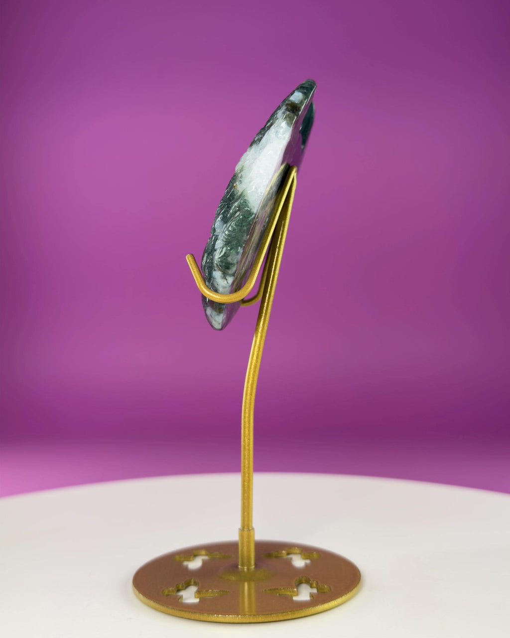 Moss Agate Paw Print Wings Crystal Carving on Gold Metal Stand
