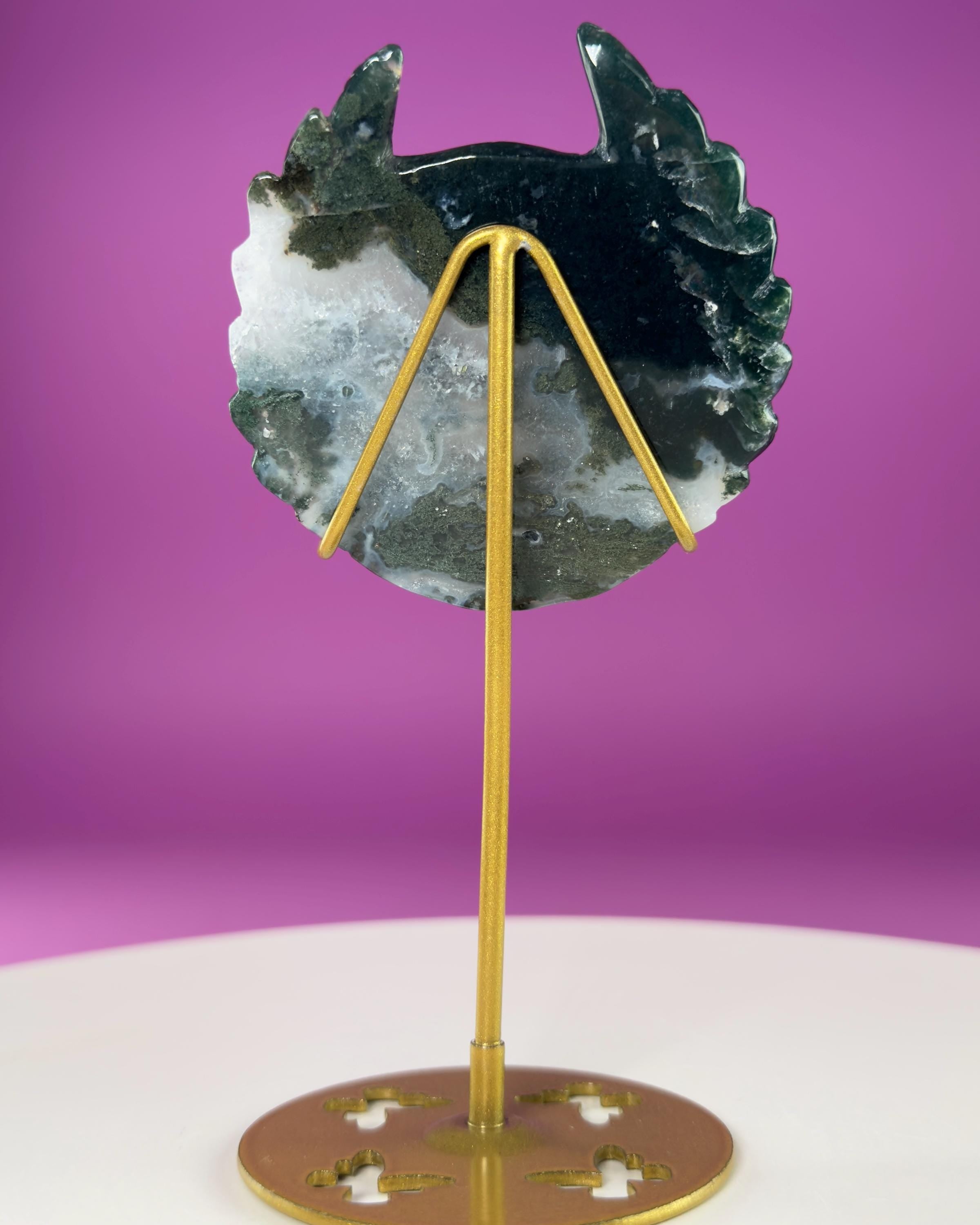 Moss Agate Paw Print Wings Crystal Carving on Gold Metal Stand