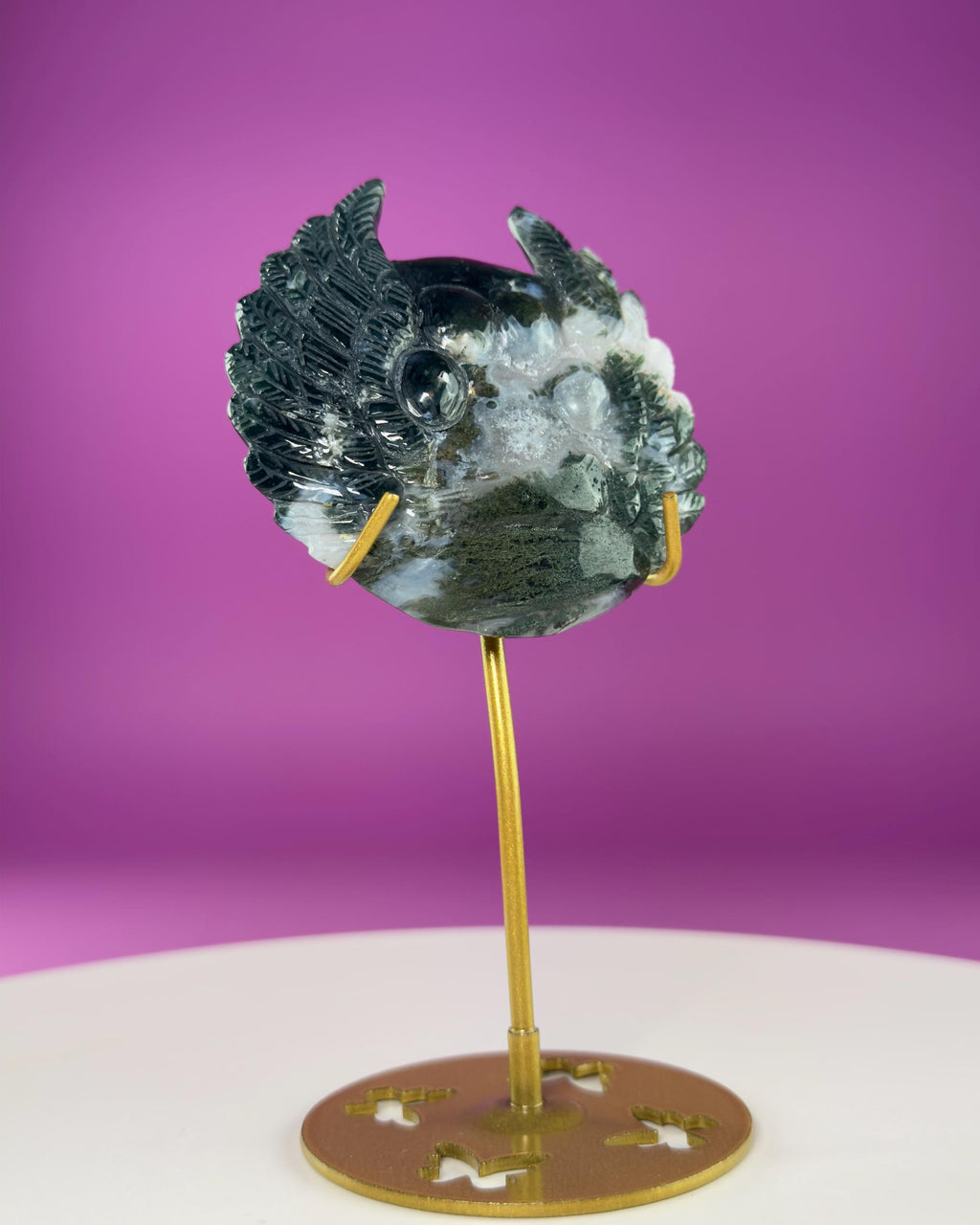 Moss Agate Paw Print Wings Crystal Carving on Gold Metal Stand