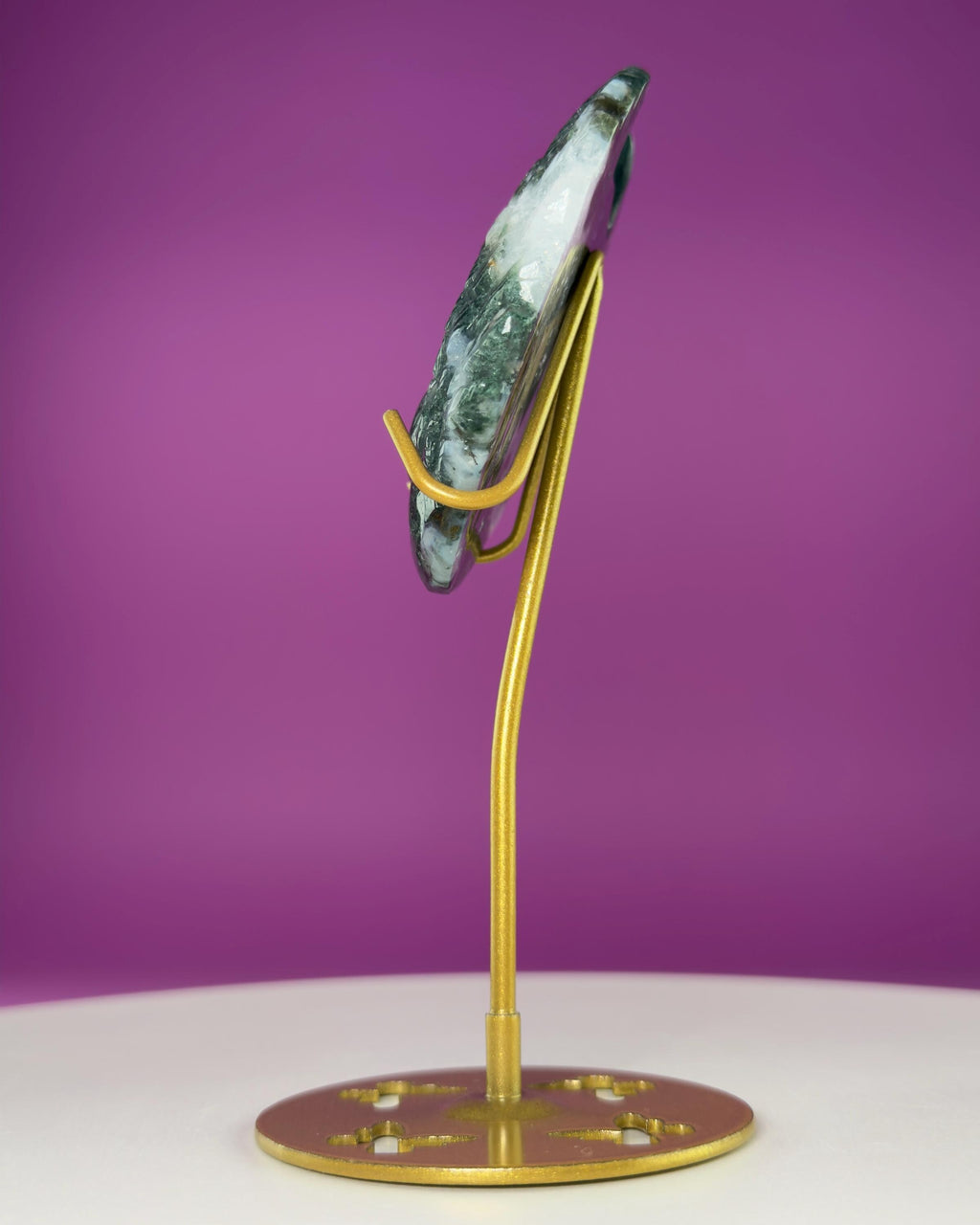 Moss Agate Paw Print Wings Crystal Carving on Gold Metal Stand