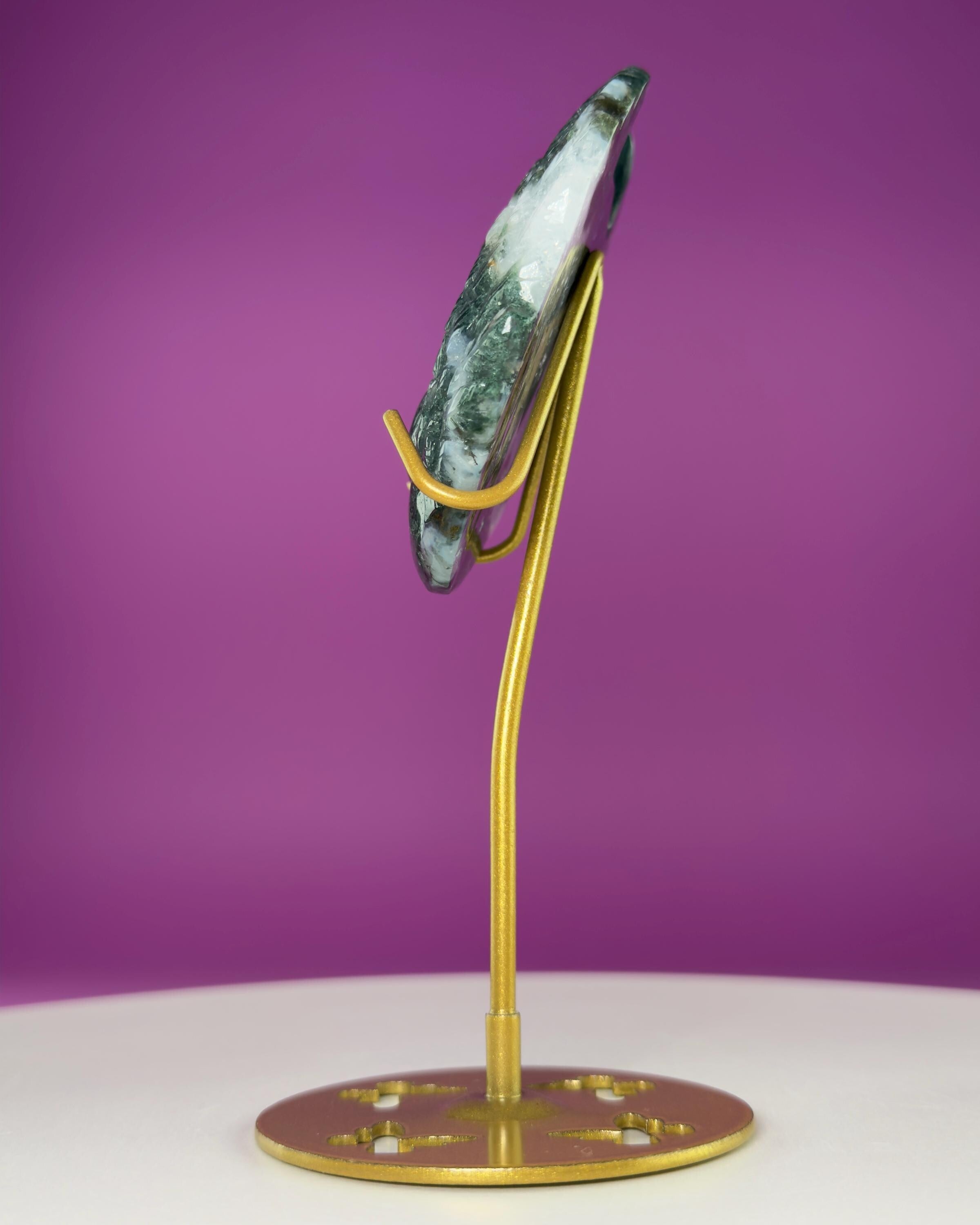 Moss Agate Paw Print Wings Crystal Carving on Gold Metal Stand