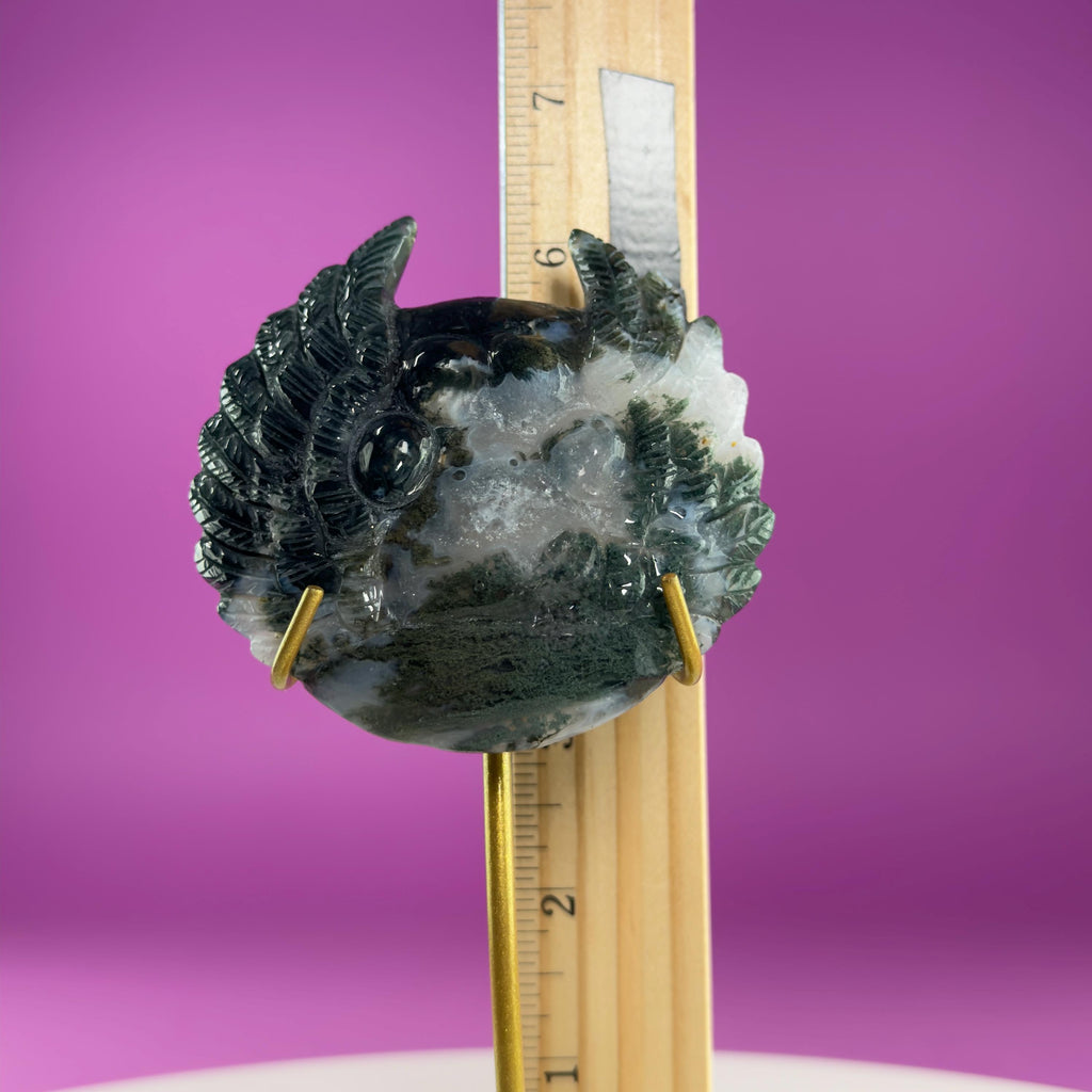 Moss Agate Paw Print Wings Crystal Carving on Gold Metal Stand