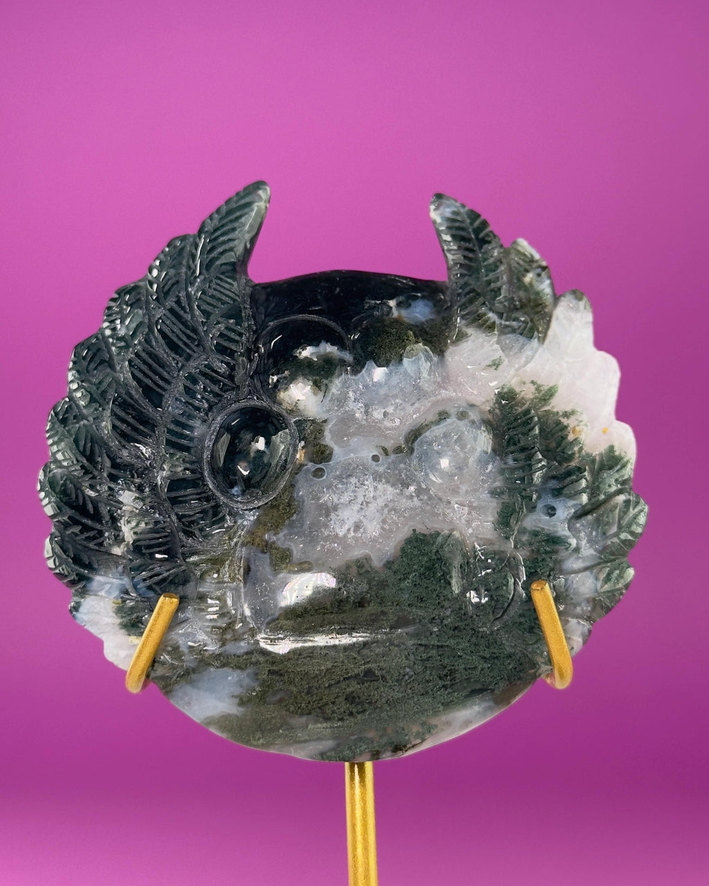Moss Agate Paw Print Wings Crystal Carving on Gold Metal Stand
