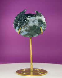 Moss Agate Paw Print Wings Crystal Carving on Gold Metal Stand