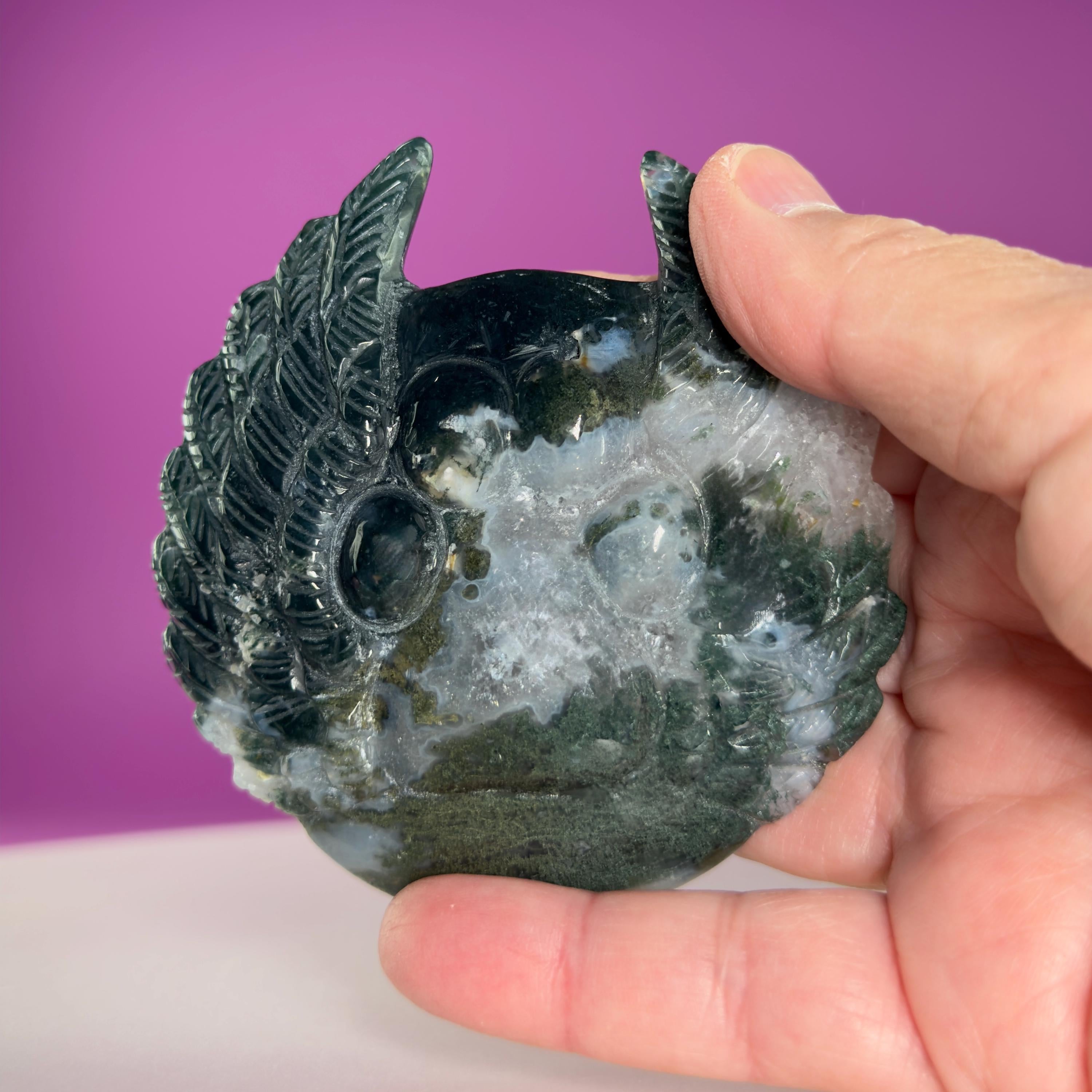 Moss Agate Paw Print Wings Crystal Carving on Gold Metal Stand
