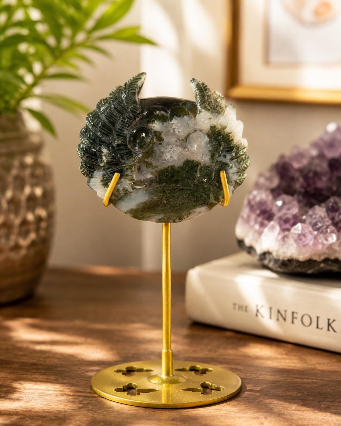 Moss Agate Paw Print Wings Crystal Carving on Gold Metal Stand