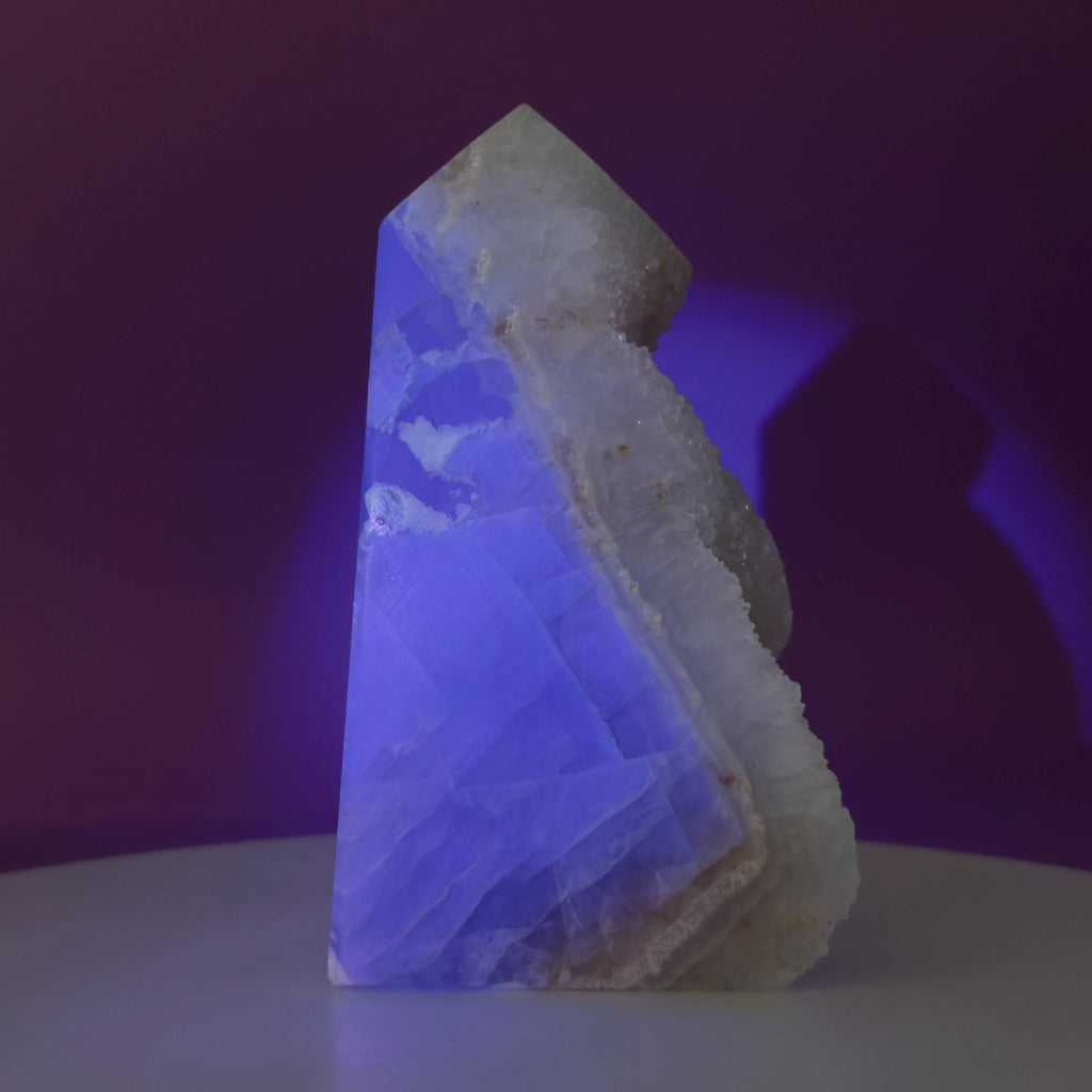 Green Fluorite Quartz Tower UV Reactive Crystal Druzy Natural Edge, Sugar Fluorite