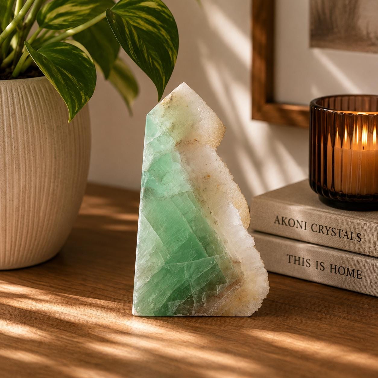 Green Fluorite Quartz Tower UV Reactive Crystal Druzy Natural Edge, Sugar Fluorite