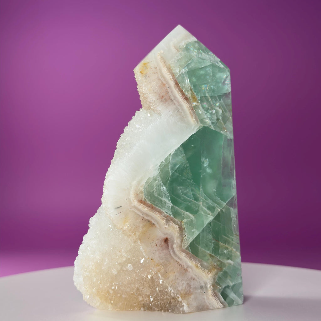 Green Fluorite Quartz Tower UV Reactive Crystal Druzy Natural Edge, Sugar Fluorite