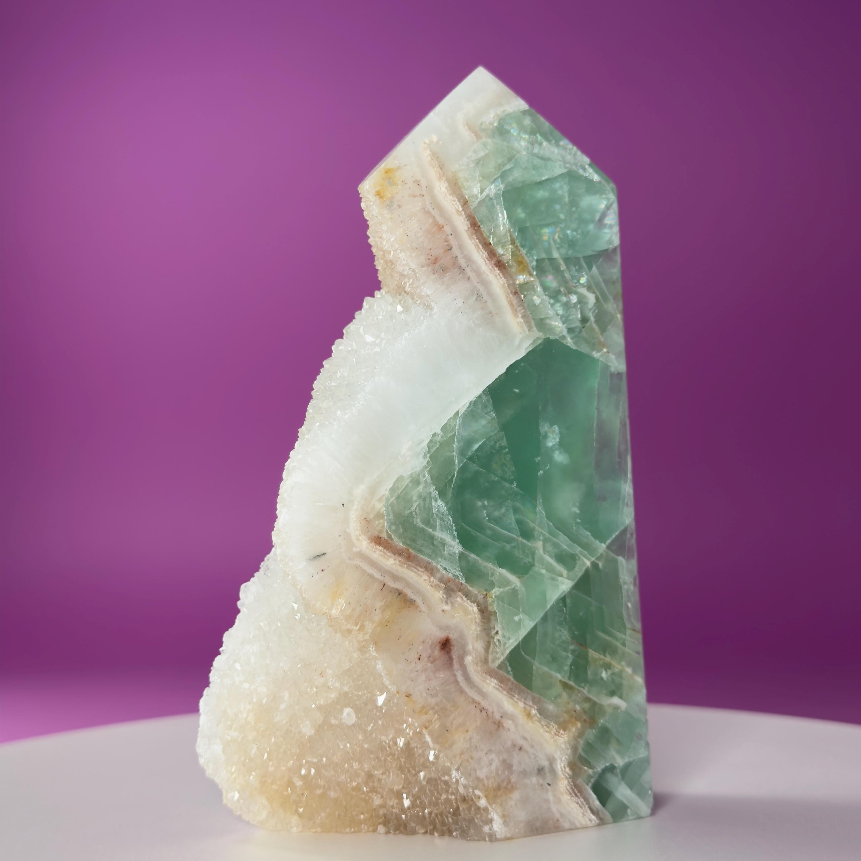 Green Fluorite Quartz Tower UV Reactive Crystal Druzy Natural Edge, Sugar Fluorite