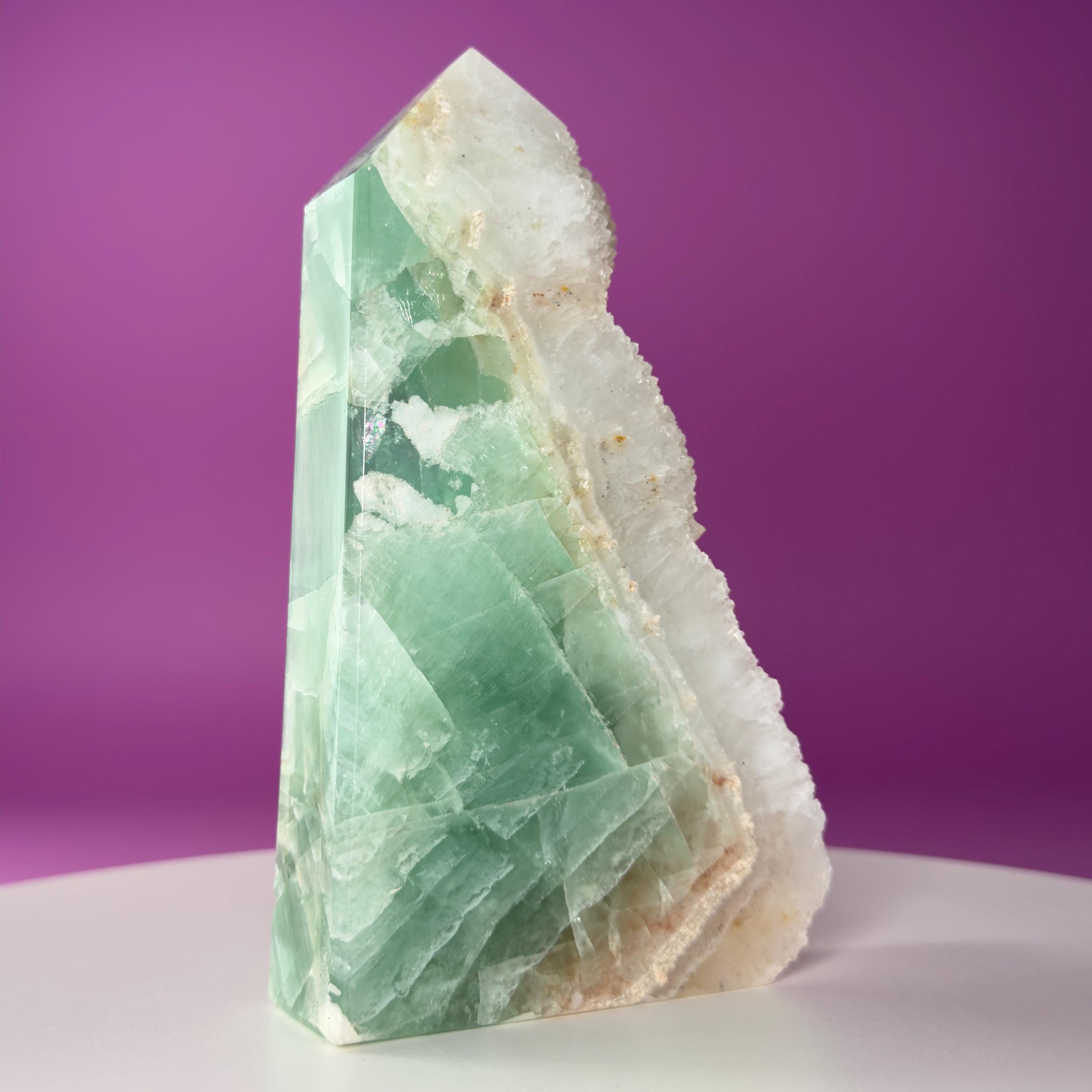 Green Fluorite Quartz Tower UV Reactive Crystal Druzy Natural Edge, Sugar Fluorite