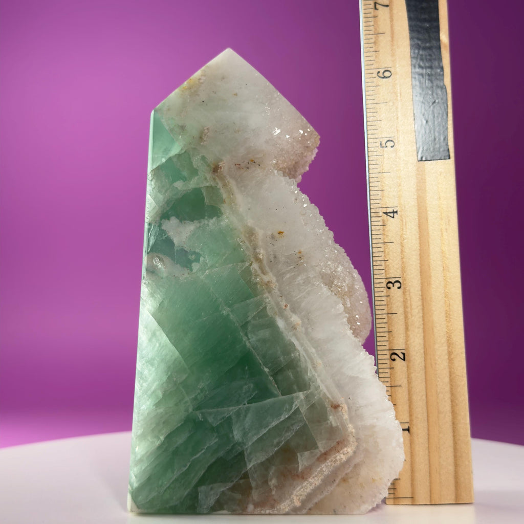 Green Fluorite Quartz Tower UV Reactive Crystal Druzy Natural Edge, Sugar Fluorite