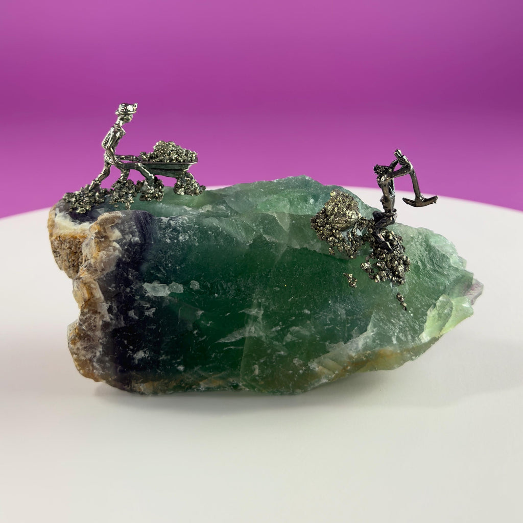 Fluorite & Pyrite Miners Sculpture | Crystal Mining Display | Collector Piece