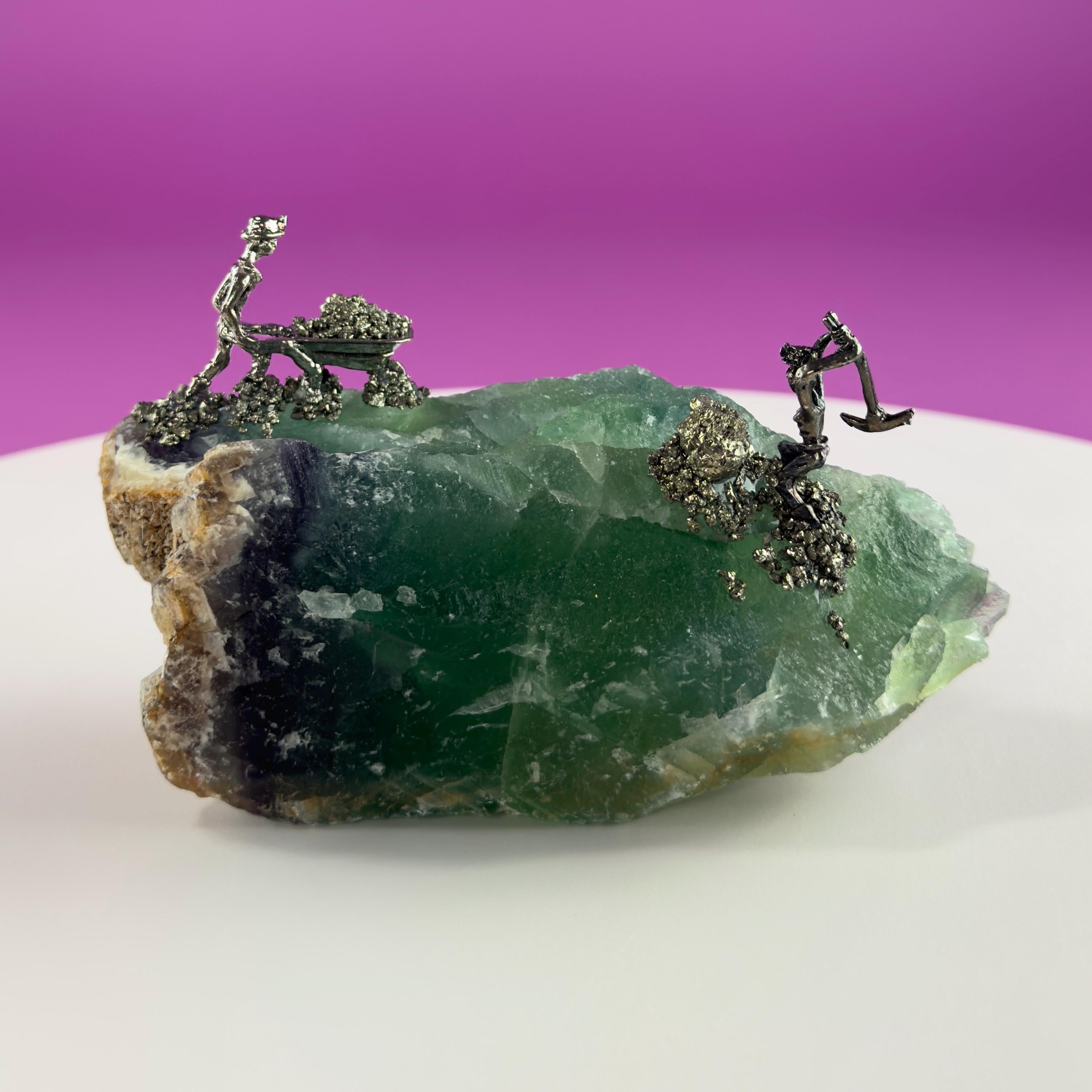 Fluorite & Pyrite Miners Sculpture | Crystal Mining Display | Collector Piece
