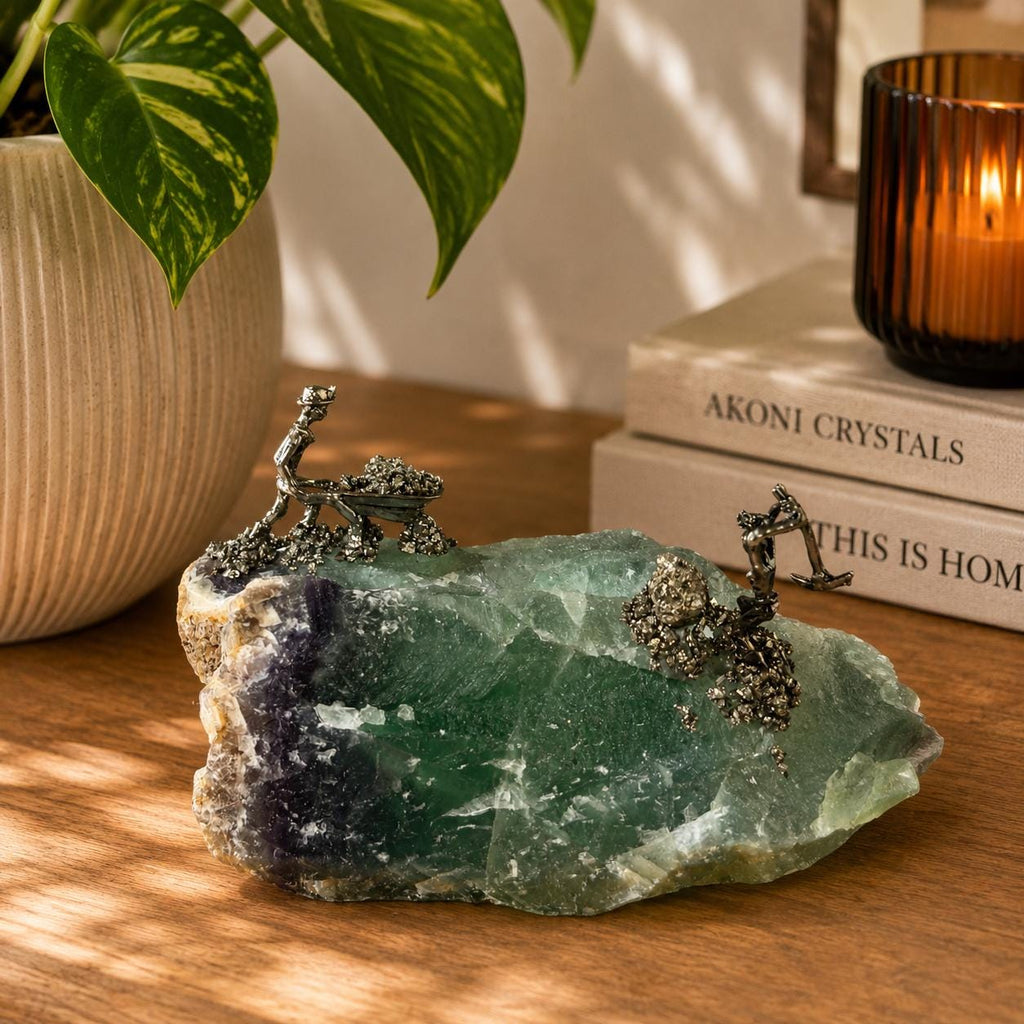 Fluorite & Pyrite Miners Sculpture | Crystal Mining Display | Collector Piece