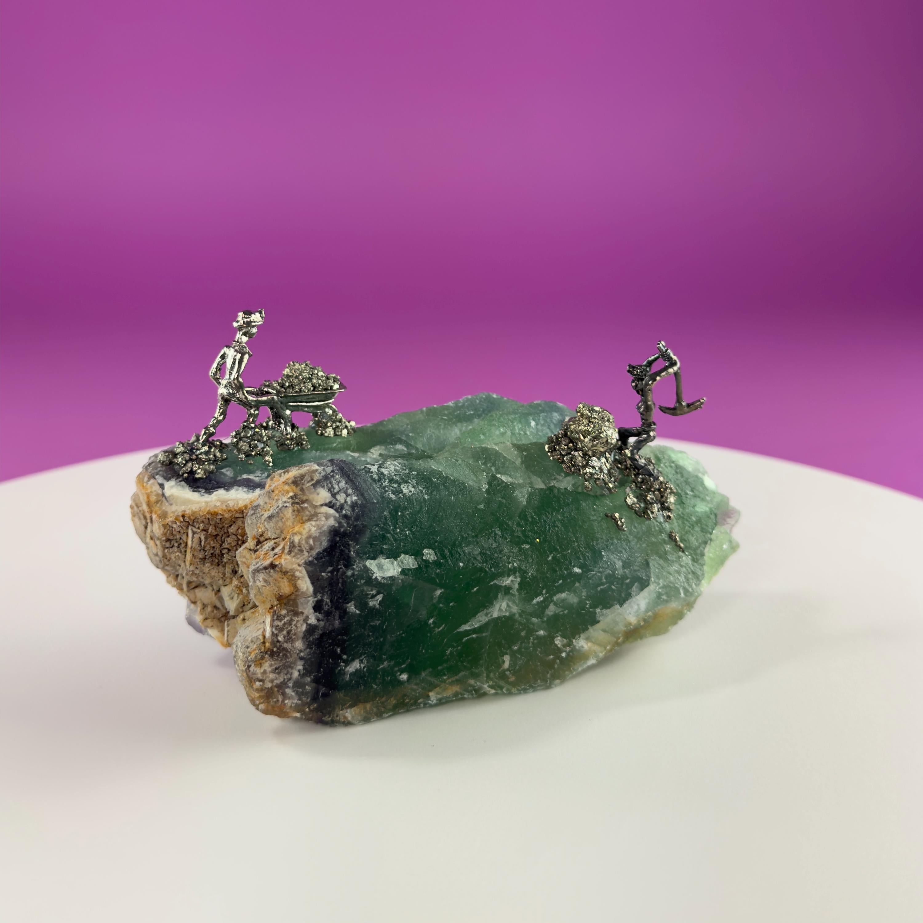 Fluorite & Pyrite Miners Sculpture | Crystal Mining Display | Collector Piece