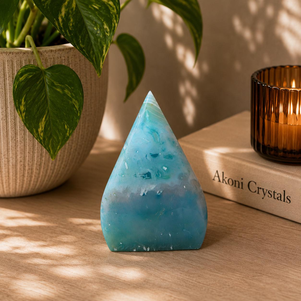 Blue Agate Teardrop Druzy Freeform Display Piece, Color Enhanced
