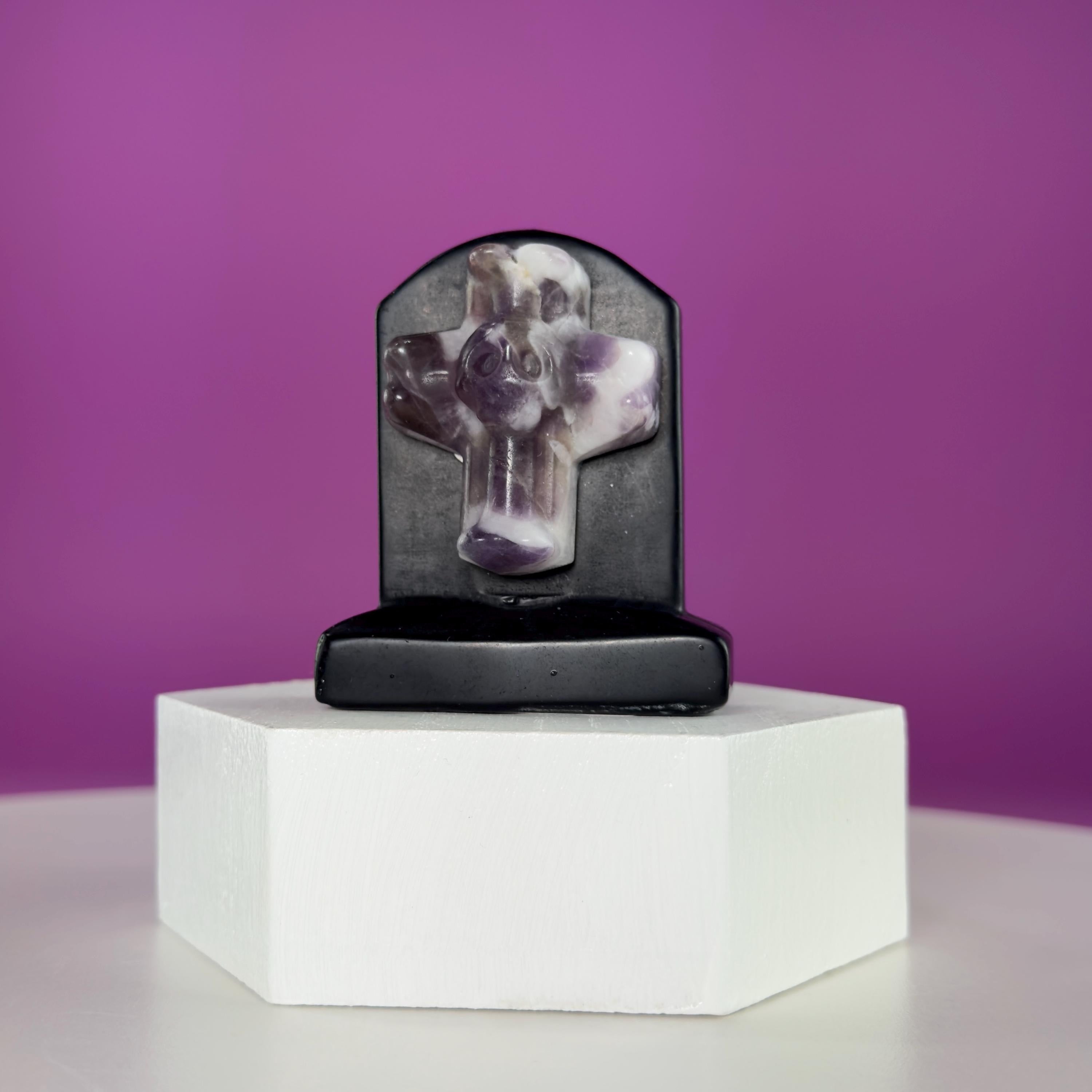 Black Obsidian Headstone with Amethyst Cross Skull Halloween Display