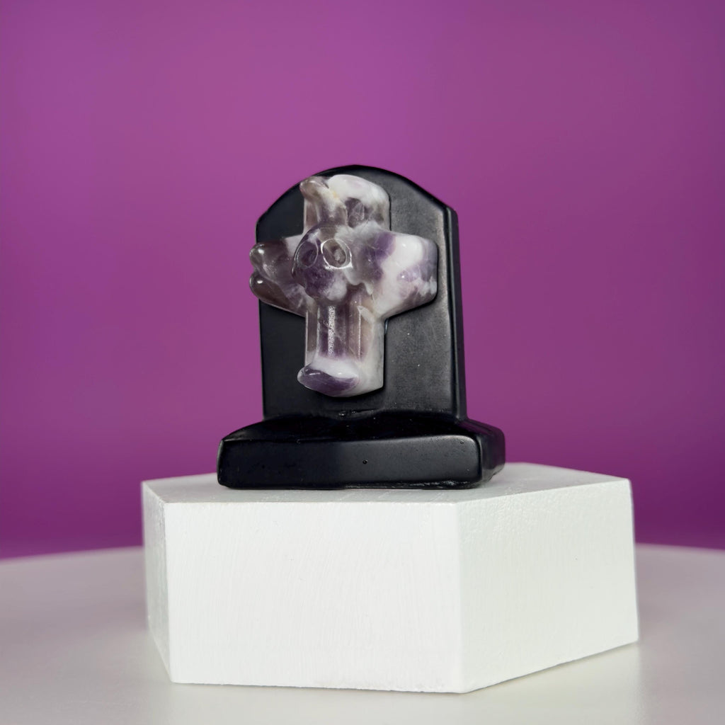 Black Obsidian Headstone with Amethyst Cross Skull Halloween Display