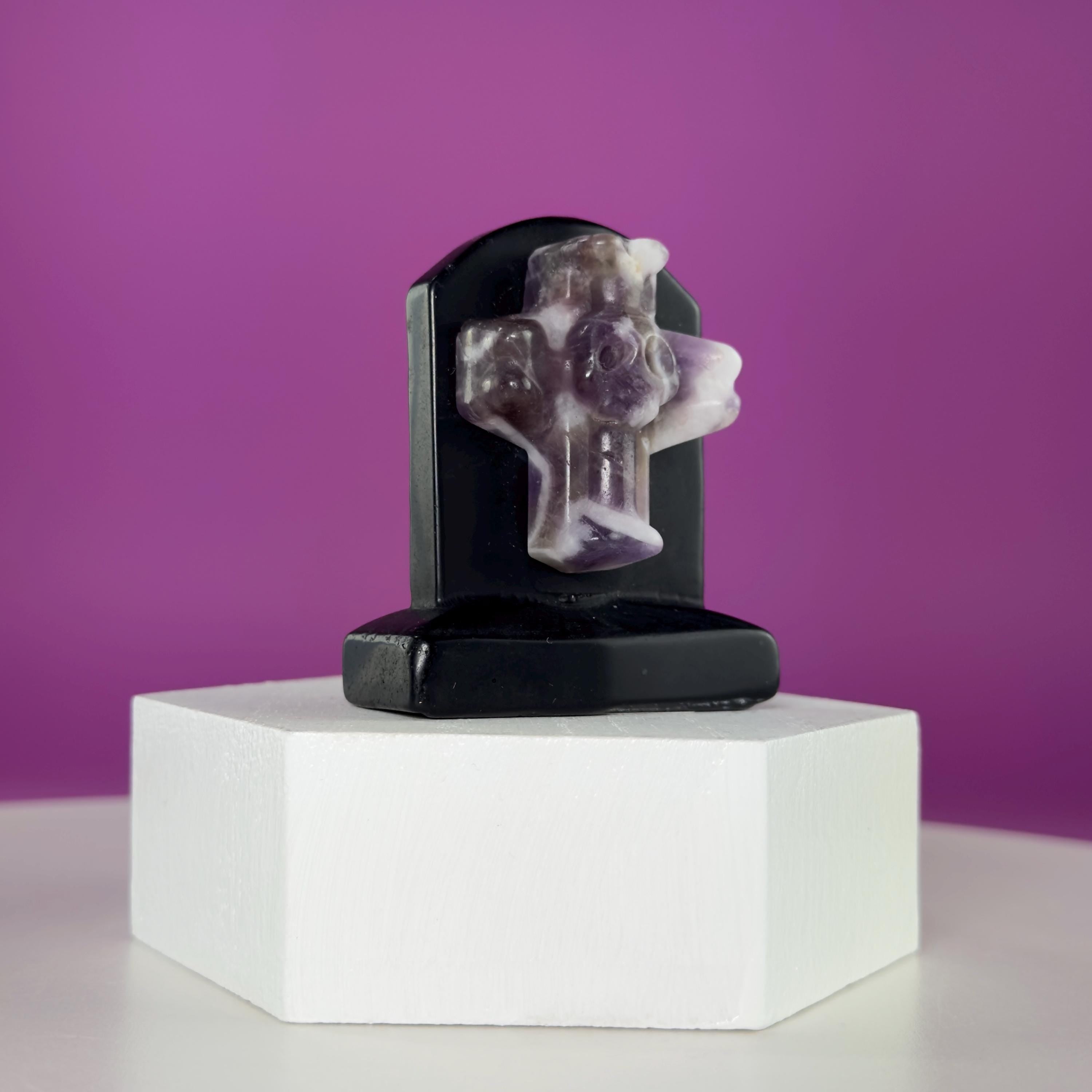 Black Obsidian Headstone with Amethyst Cross Skull Halloween Display
