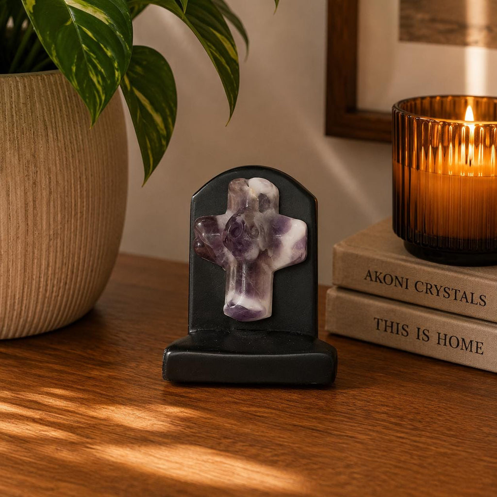 Black Obsidian Headstone with Amethyst Cross Skull Halloween Display