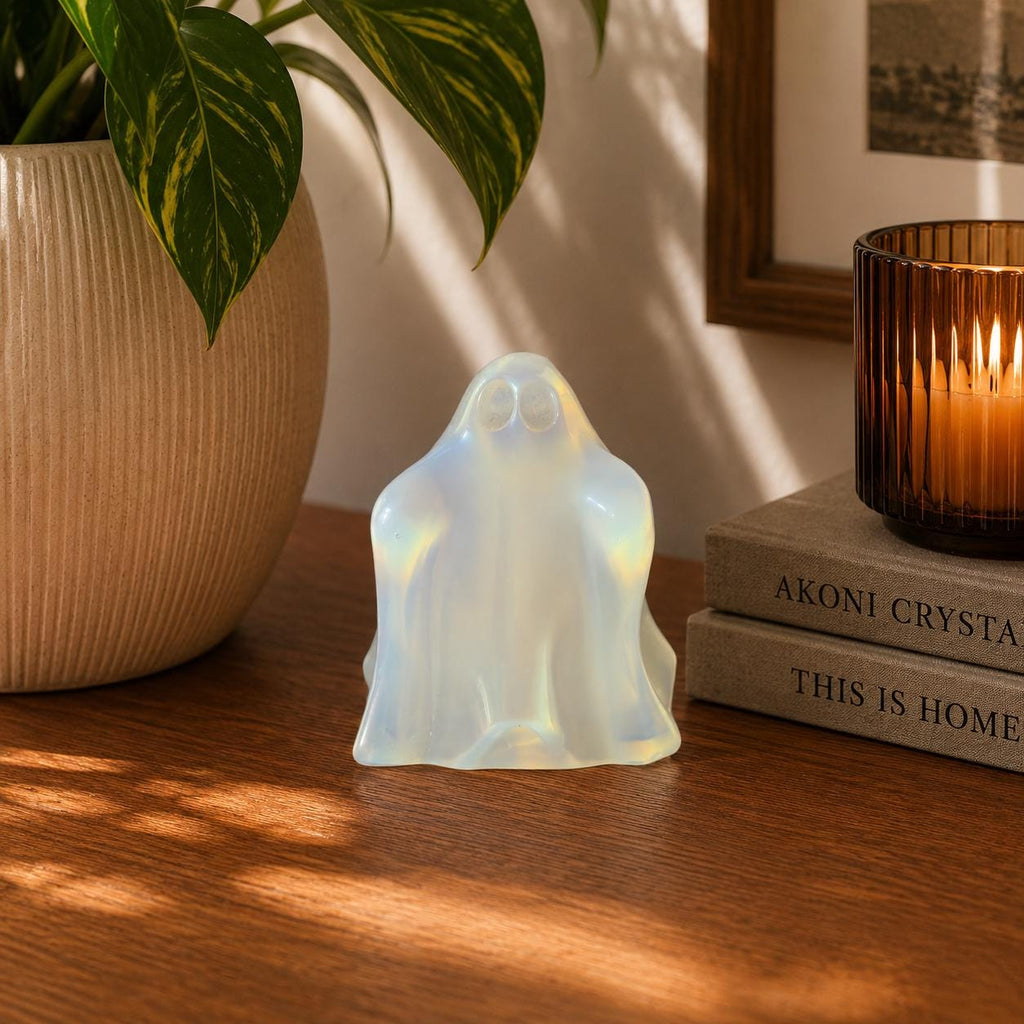 Opalite Ghost Carving Halloween Decor Crystal Figure Collector Display
