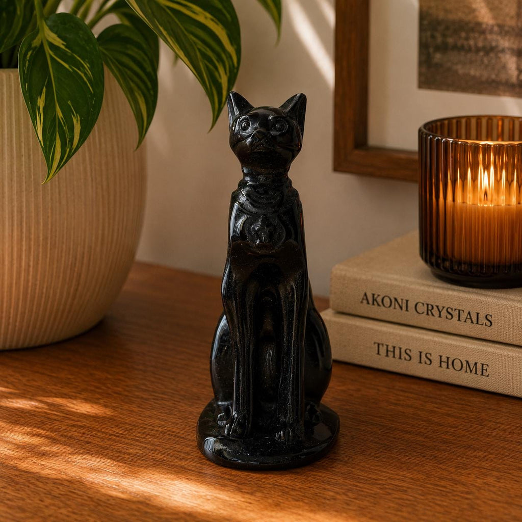 Obsidian Sphynx Cat Carving | Black Crystal Cat Statue | Collector Display Piece