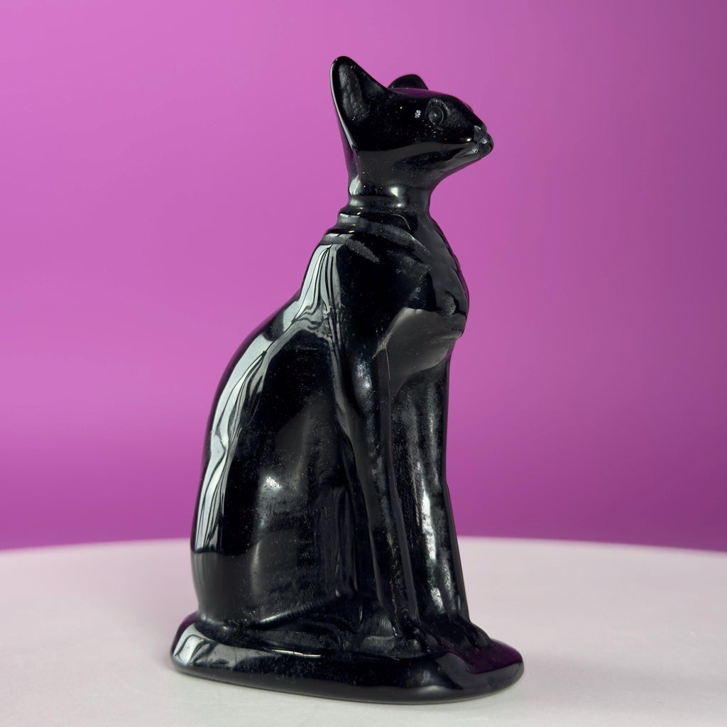 Obsidian Sphynx Cat Carving | Black Crystal Cat Statue | Collector Display Piece