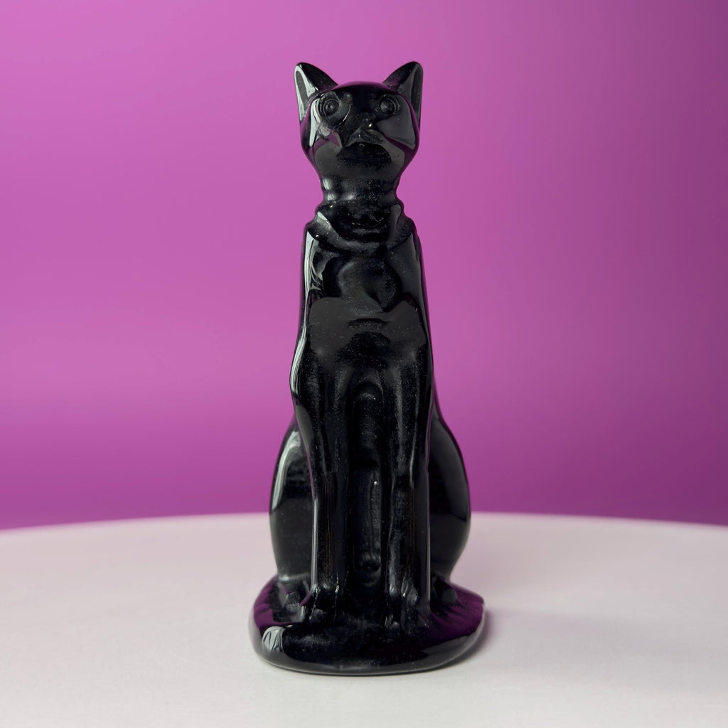 Obsidian Sphynx Cat Carving | Black Crystal Cat Statue | Collector Display Piece