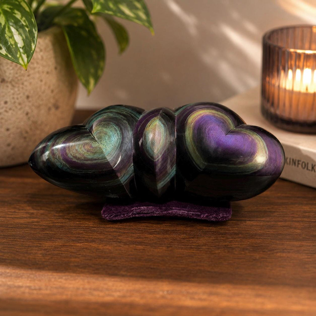 Rainbow Obsidian Double Heart Carving Mexico Collector Display, Velvet Pillow Display