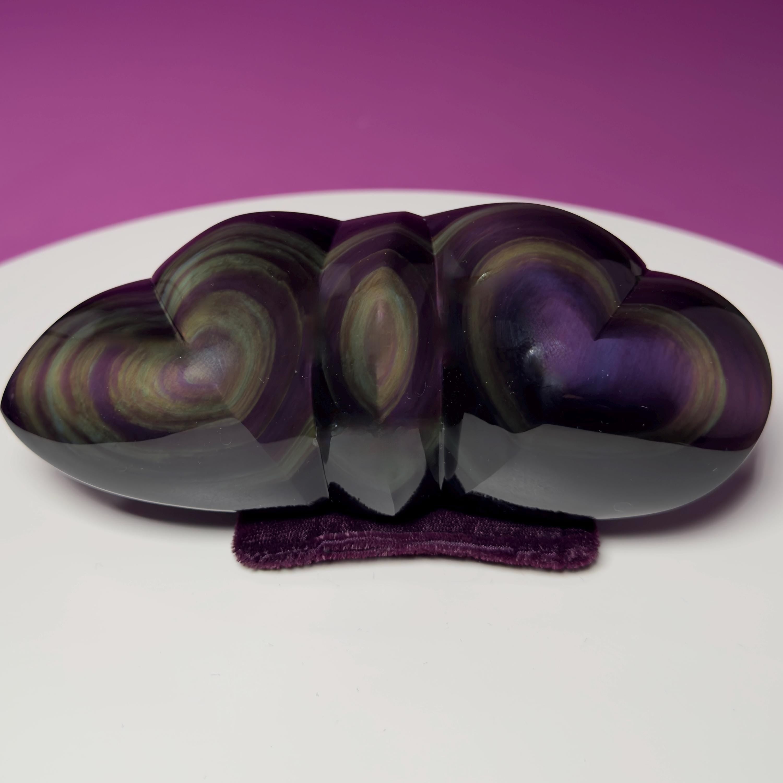 Rainbow Obsidian Double Heart Carving Mexico Collector Display, Velvet Pillow Display