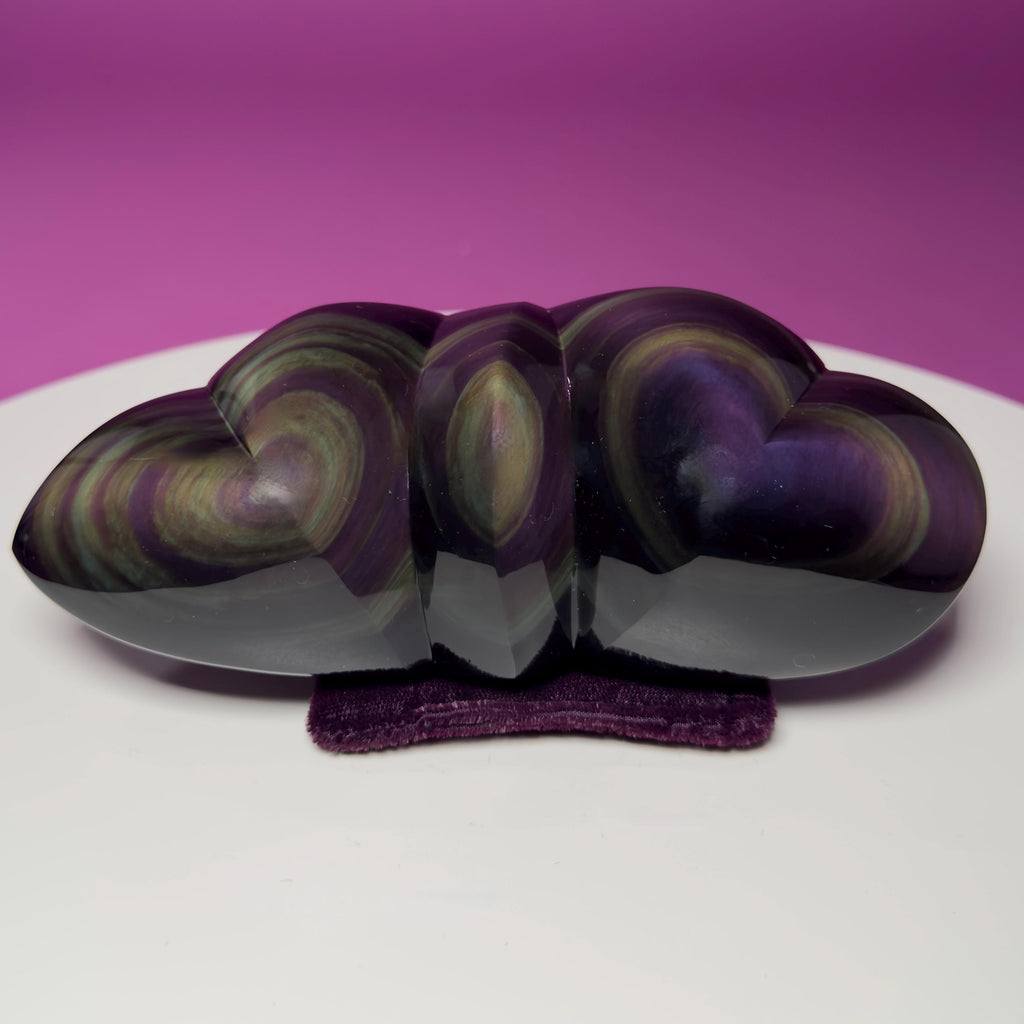 Rainbow Obsidian Double Heart Carving Mexico Collector Display, Velvet Pillow Display