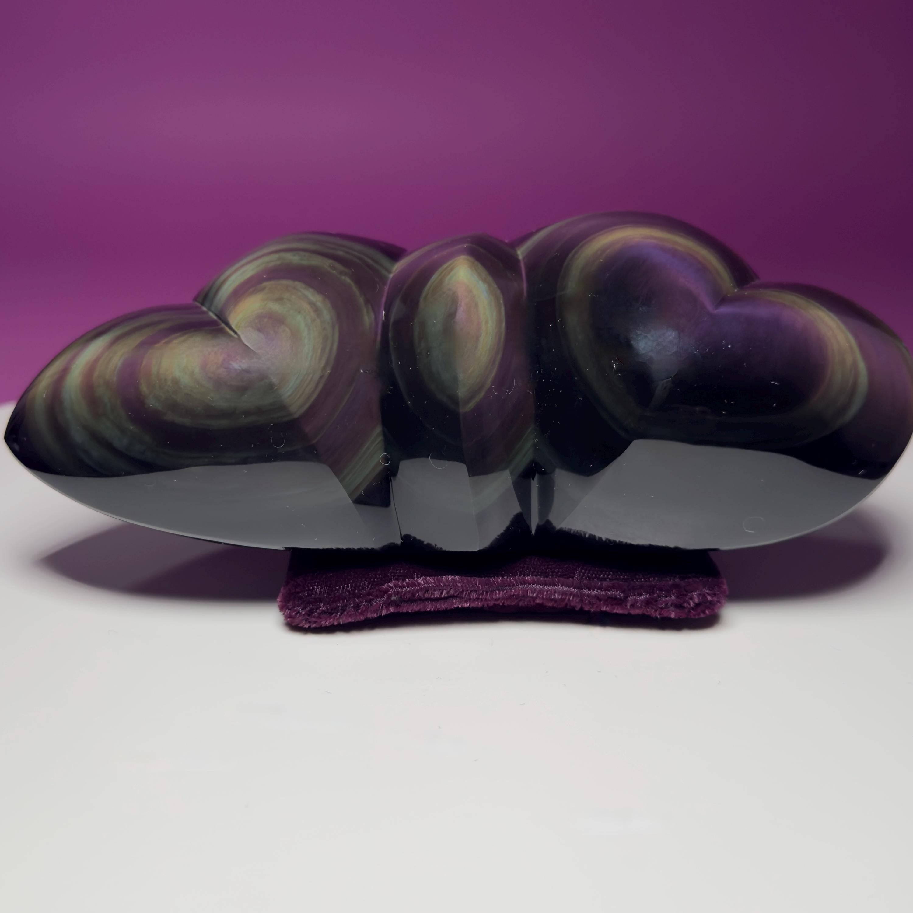 Rainbow Obsidian Double Heart Carving Mexico Collector Display, Velvet Pillow Display