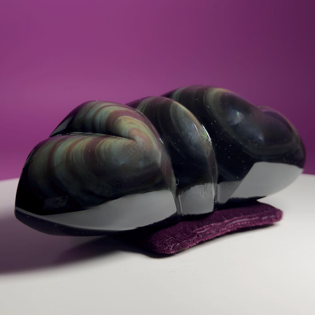 Rainbow Obsidian Double Heart Carving Mexico Collector Display, Velvet Pillow Display