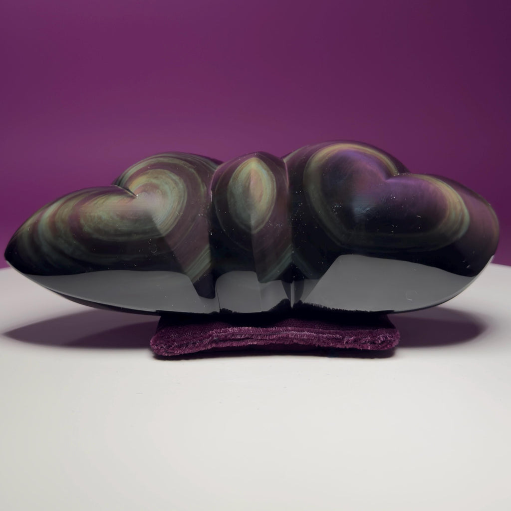 Rainbow Obsidian Double Heart Carving Mexico Collector Display, Velvet Pillow Display