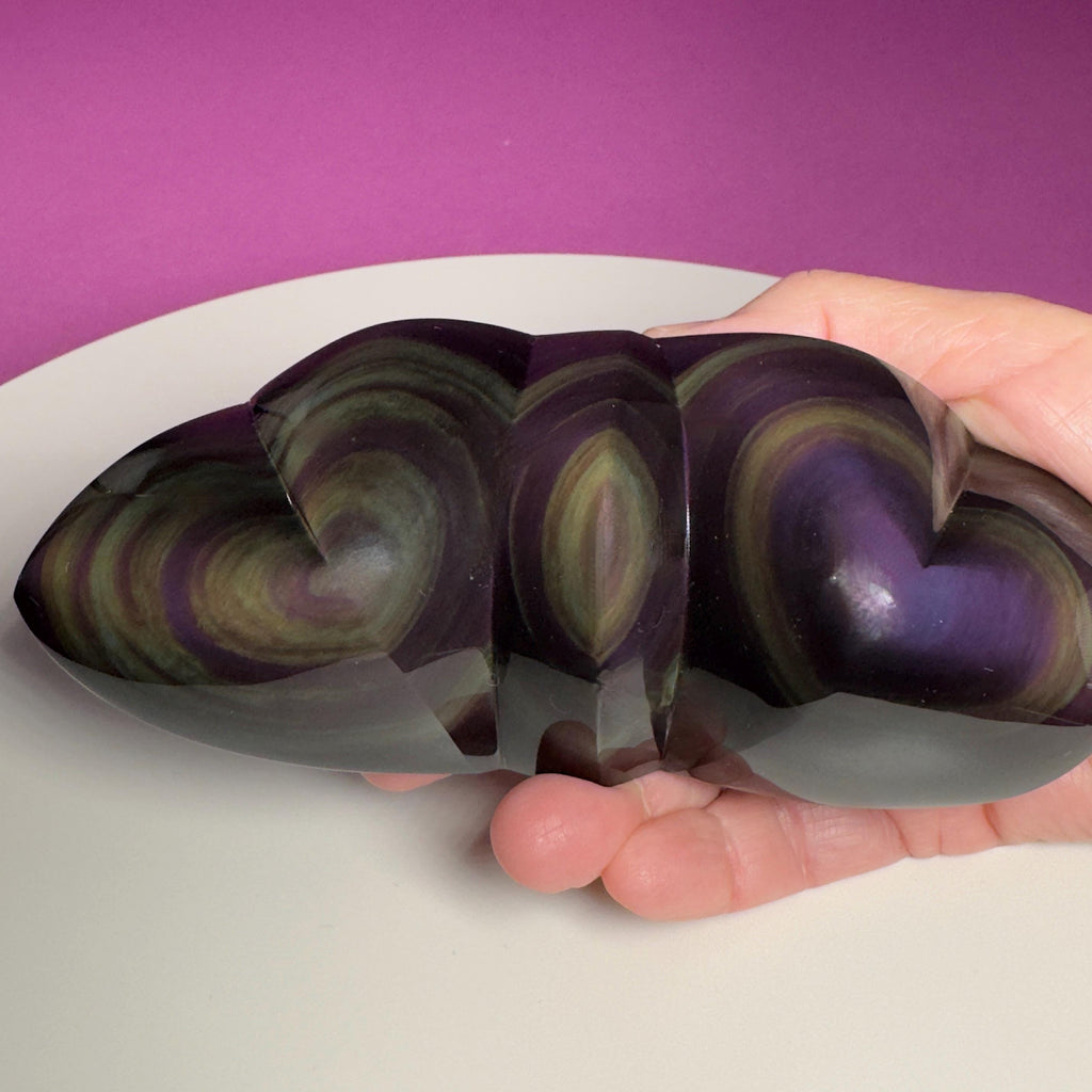 Rainbow Obsidian Double Heart Carving Mexico Collector Display, Velvet Pillow Display