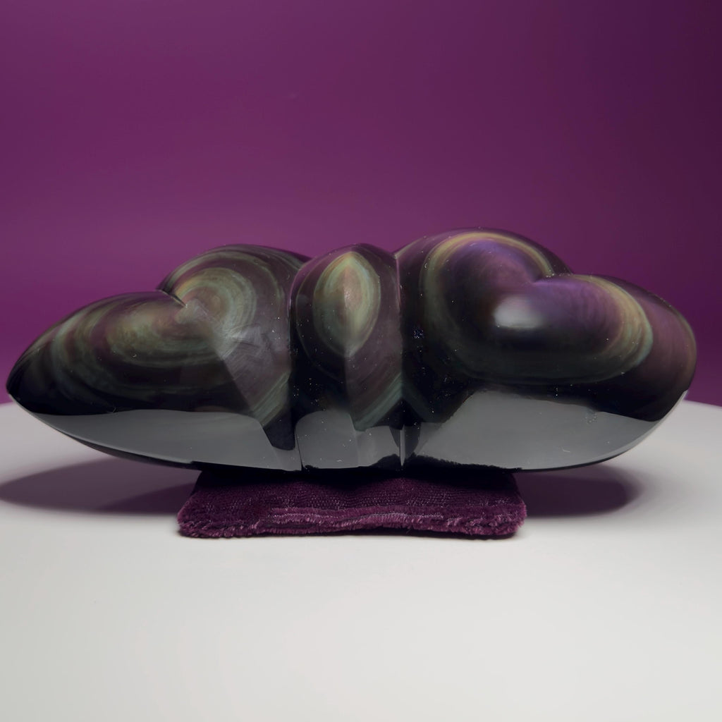 Rainbow Obsidian Double Heart Carving Mexico Collector Display, Velvet Pillow Display