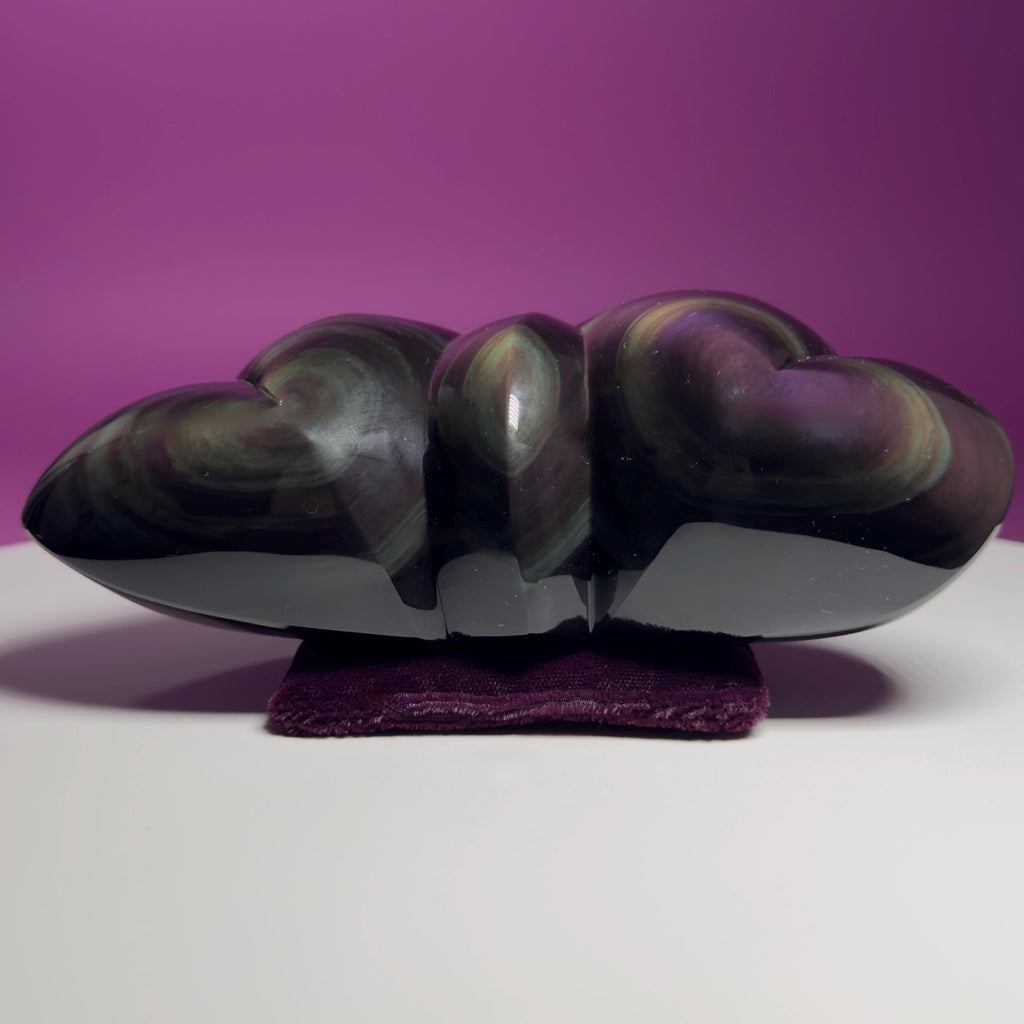 Rainbow Obsidian Double Heart Carving Mexico Collector Display, Velvet Pillow Display