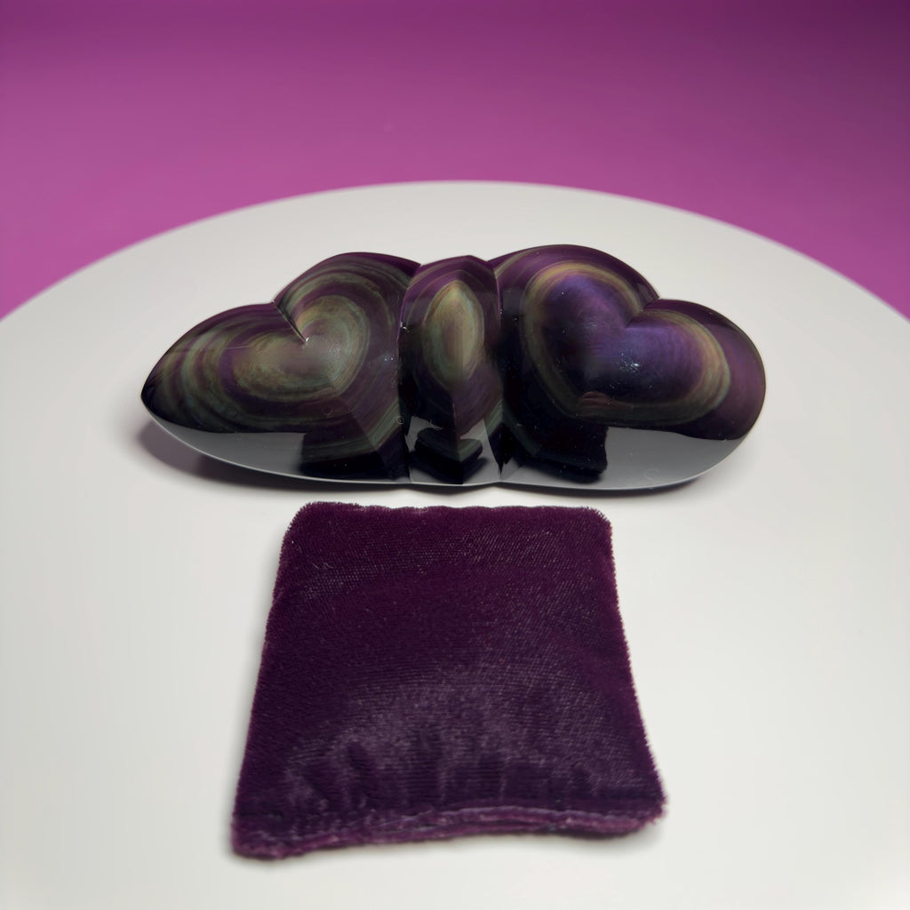 Rainbow Obsidian Double Heart Carving Mexico Collector Display, Velvet Pillow Display