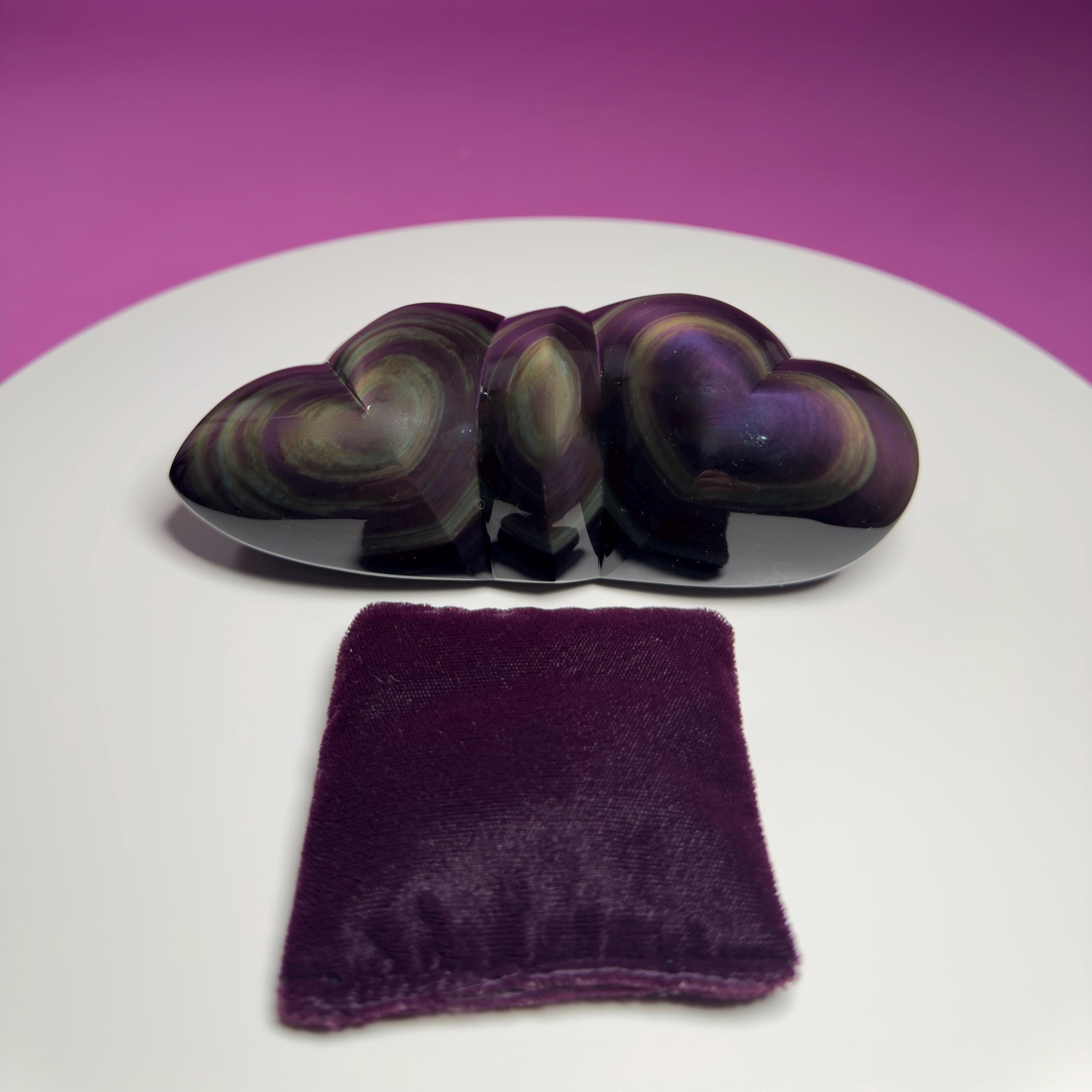Rainbow Obsidian Double Heart Carving Mexico Collector Display, Velvet Pillow Display
