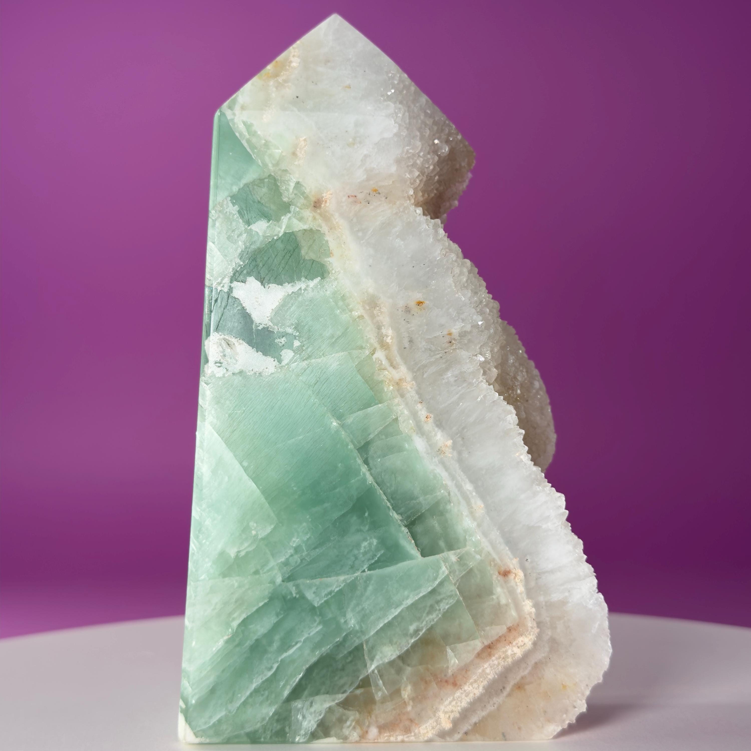 Green Fluorite Quartz Tower UV Reactive Crystal Druzy Natural Edge, Sugar Fluorite