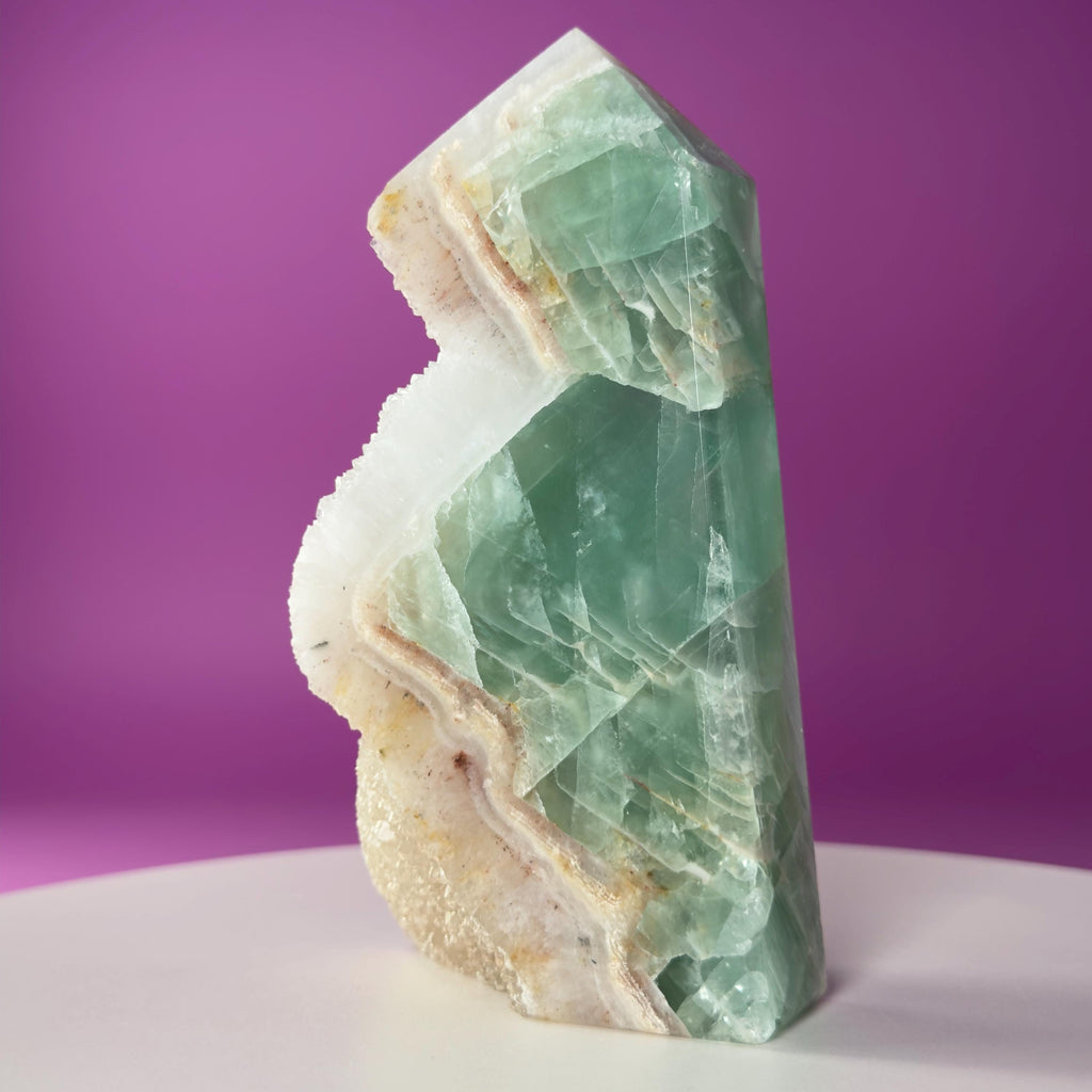Green Fluorite Quartz Tower UV Reactive Crystal Druzy Natural Edge, Sugar Fluorite